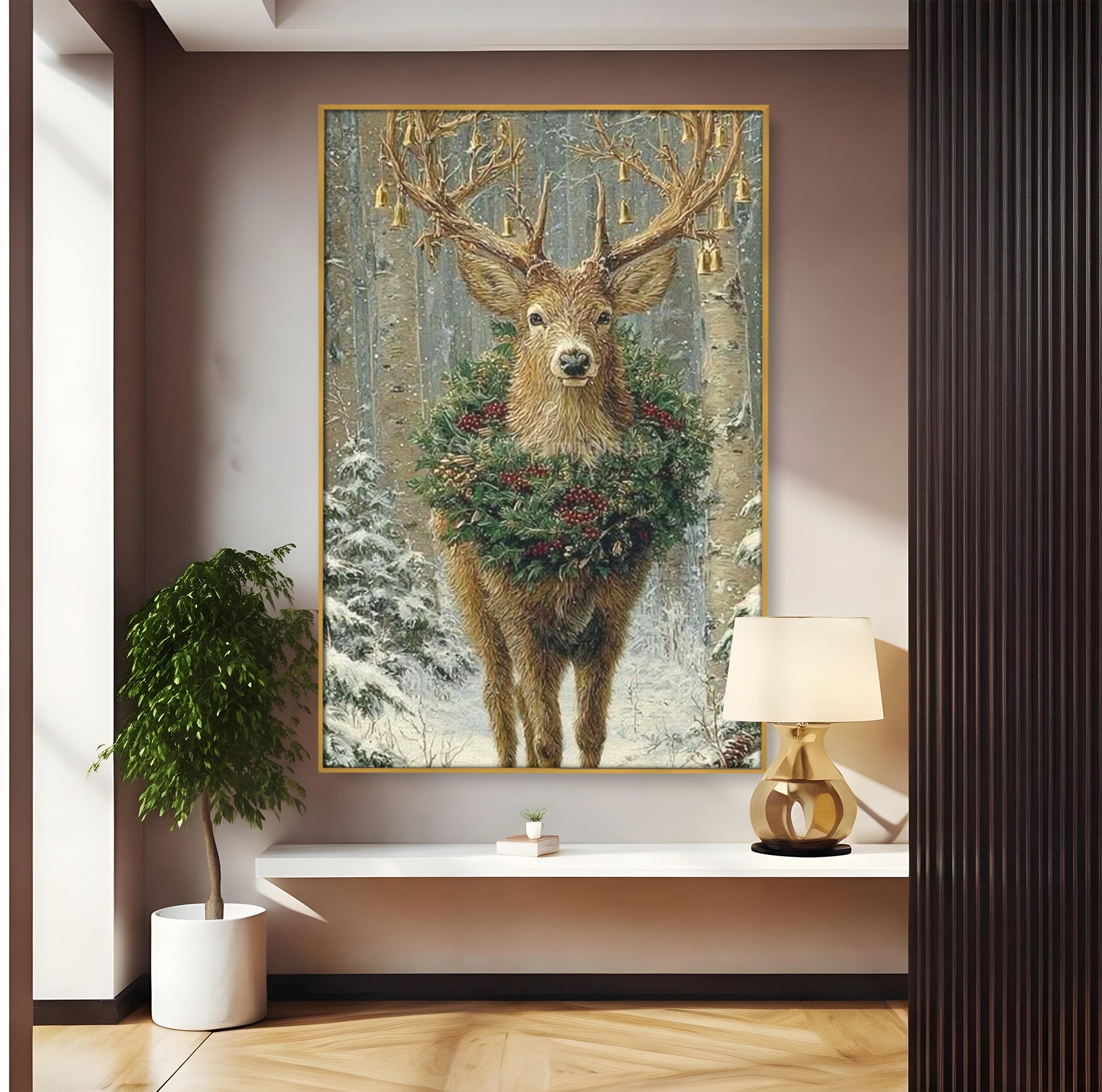 Tablou Canvas Premium LuxCanva® PI1092, Cerbul Impodobit, Salbatic, Animal, Padure, Iarna, Craciun, Living, Dormitor, Culori Vibrante