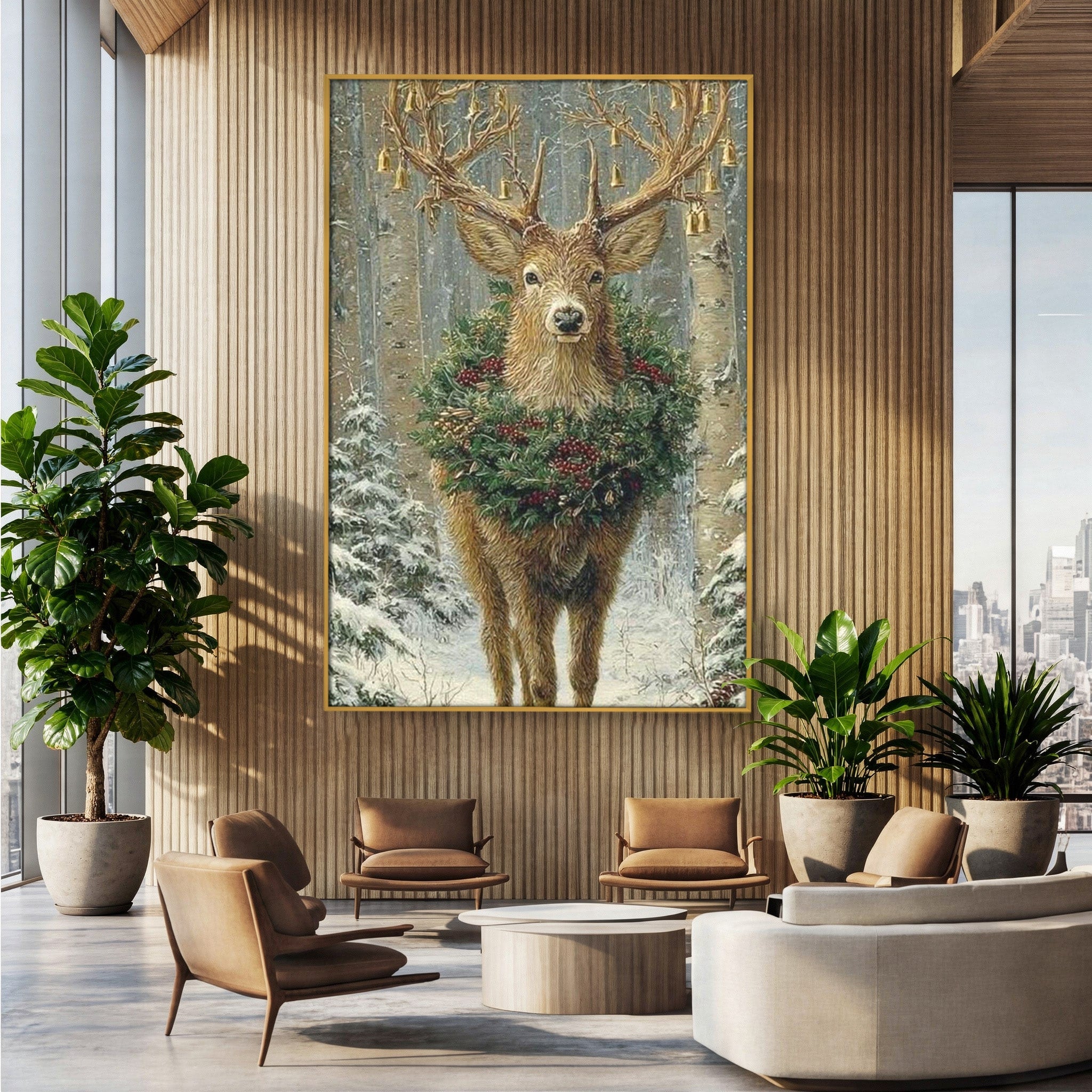 Tablou Canvas Premium LuxCanva® PI1092, Cerbul Impodobit, Salbatic, Animal, Padure, Iarna, Craciun, Living, Dormitor, Culori Vibrante