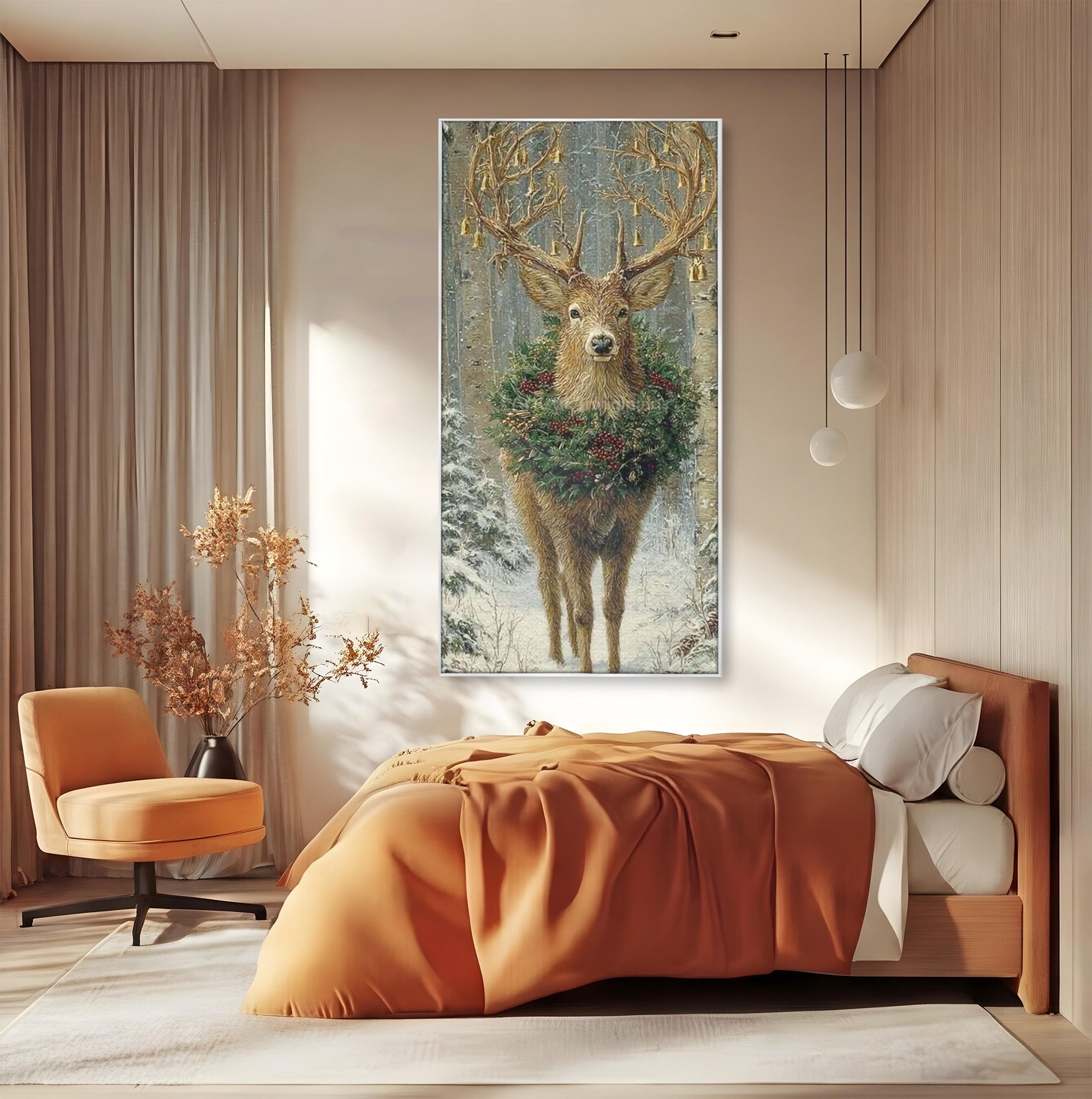 Tablou Canvas Premium LuxCanva® PI1092, Cerbul Impodobit, Salbatic, Animal, Padure, Iarna, Craciun, Living, Dormitor, Culori Vibrante