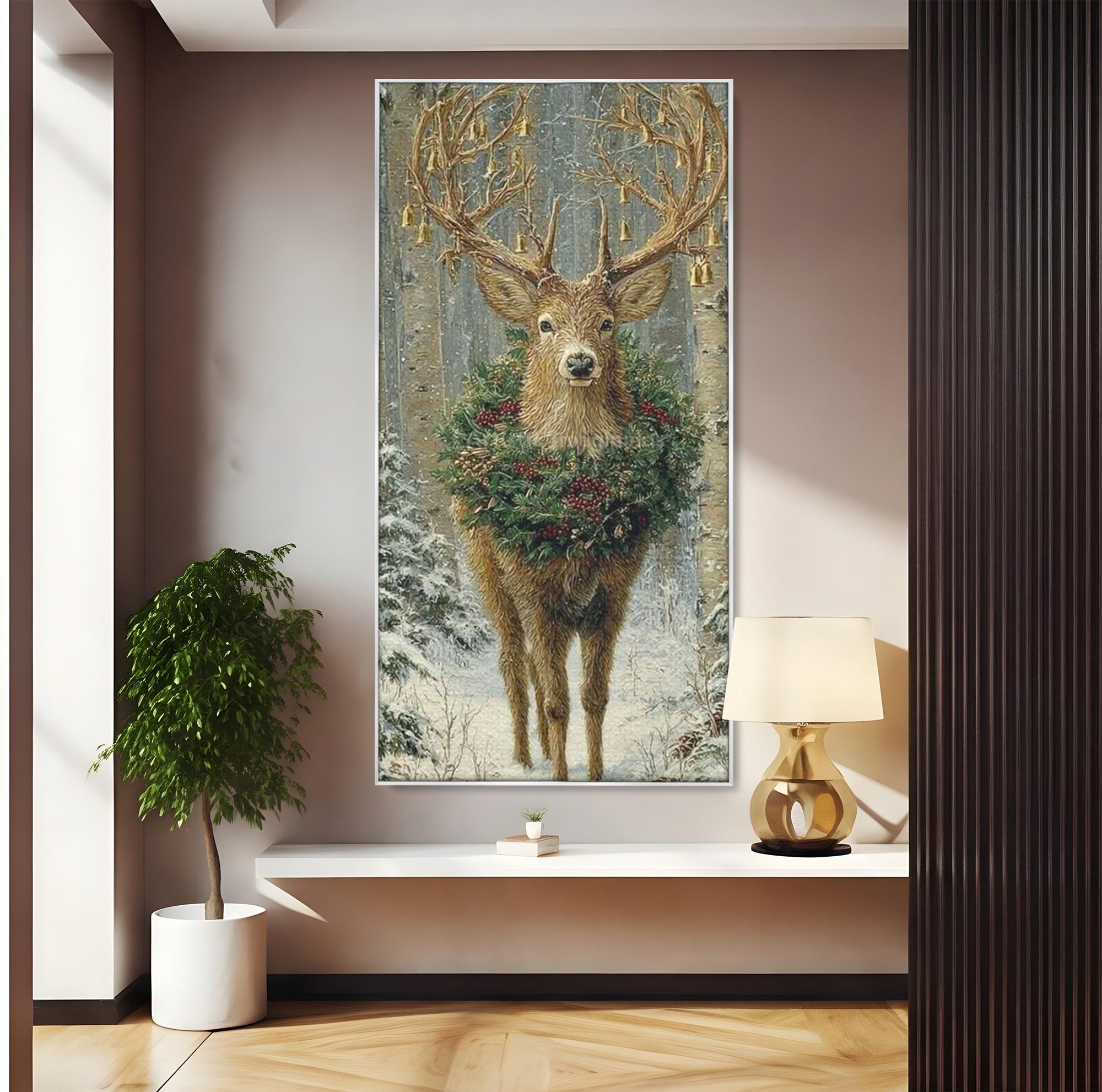 Tablou Canvas Premium LuxCanva® PI1092, Cerbul Impodobit, Salbatic, Animal, Padure, Iarna, Craciun, Living, Dormitor, Culori Vibrante