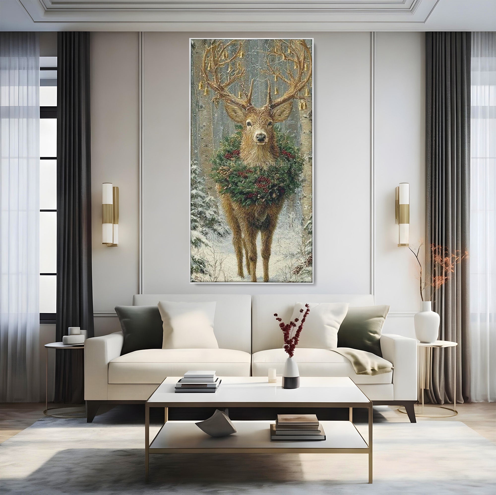 Tablou Canvas Premium LuxCanva® PI1092, Cerbul Impodobit, Salbatic, Animal, Padure, Iarna, Craciun, Living, Dormitor, Culori Vibrante