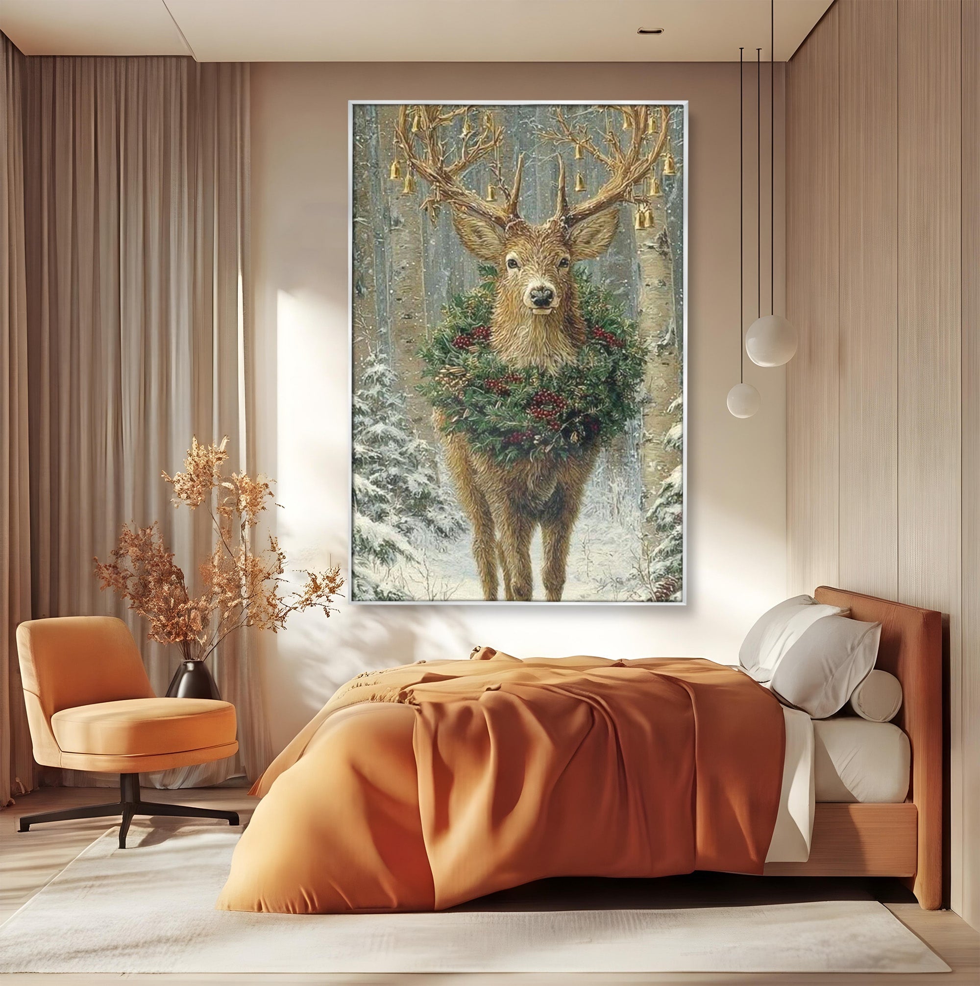 Tablou Canvas Premium LuxCanva® PI1092, Cerbul Impodobit, Salbatic, Animal, Padure, Iarna, Craciun, Living, Dormitor, Culori Vibrante