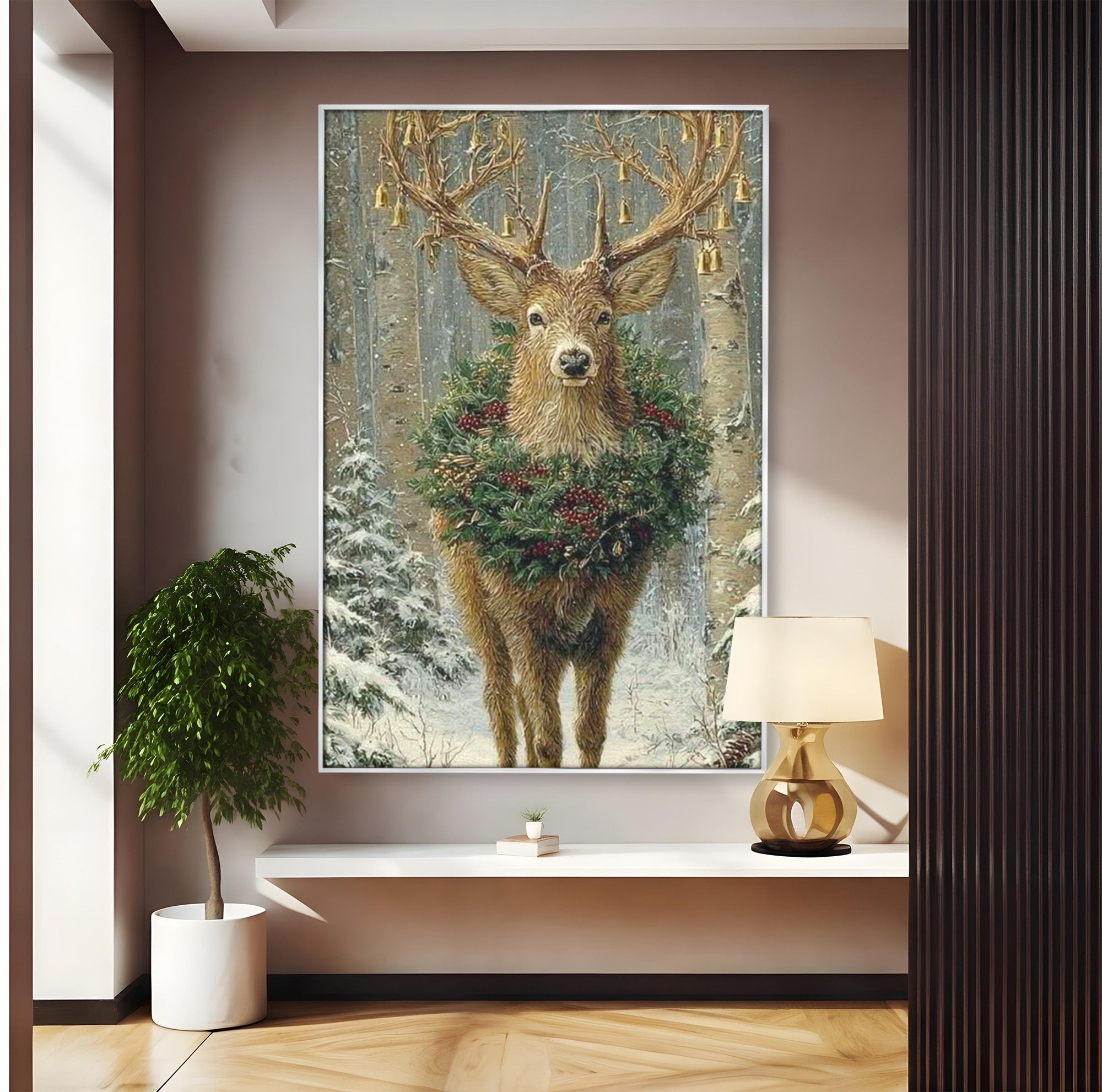 Tablou Canvas Premium LuxCanva® PI1092, Cerbul Impodobit, Salbatic, Animal, Padure, Iarna, Craciun, Living, Dormitor, Culori Vibrante