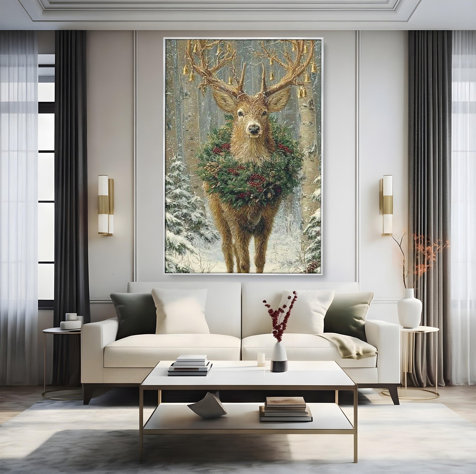 Tablou Canvas Premium LuxCanva® PI1092, Cerbul Impodobit, Salbatic, Animal, Padure, Iarna, Craciun, Living, Dormitor, Culori Vibrante