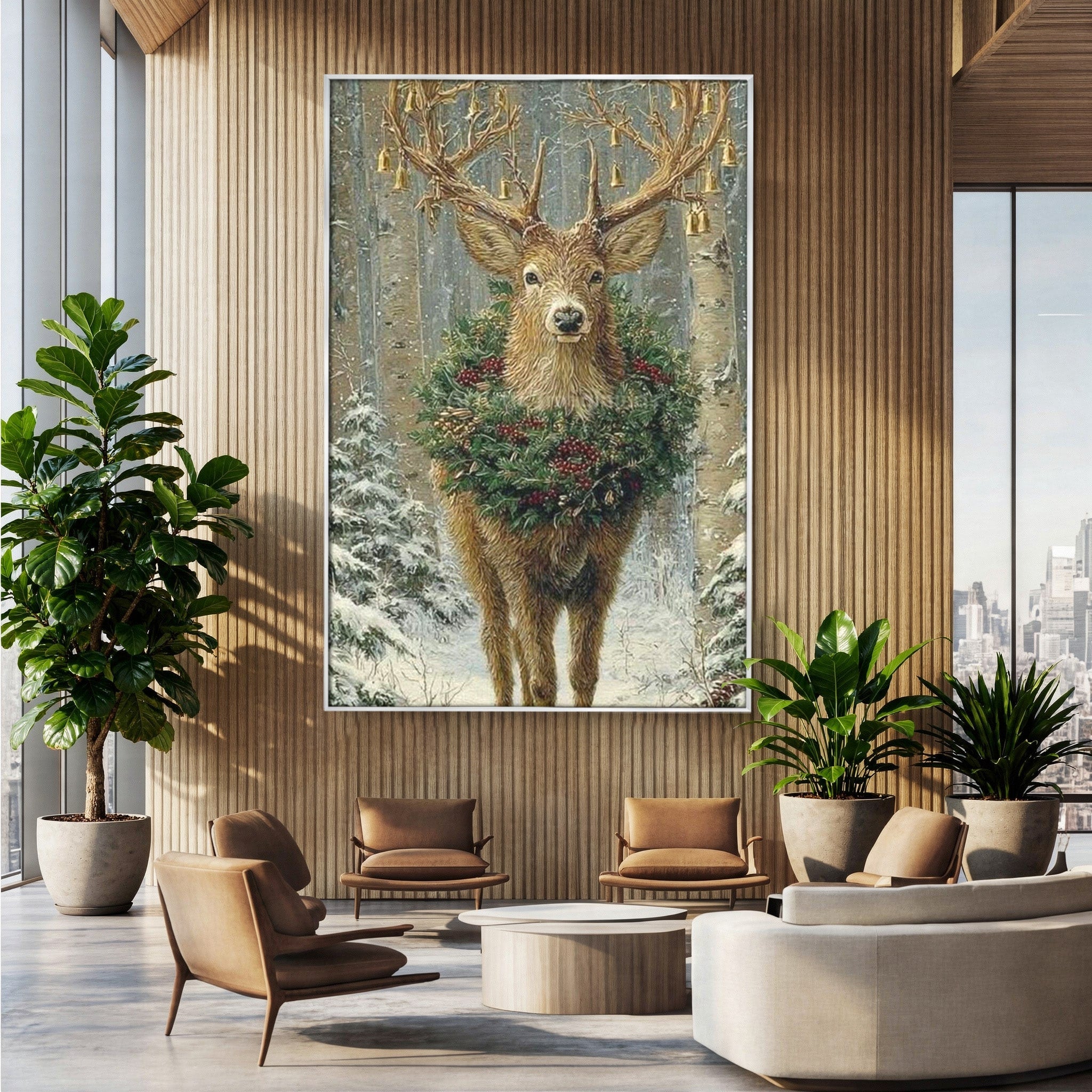 Tablou Canvas Premium LuxCanva® PI1092, Cerbul Impodobit, Salbatic, Animal, Padure, Iarna, Craciun, Living, Dormitor, Culori Vibrante