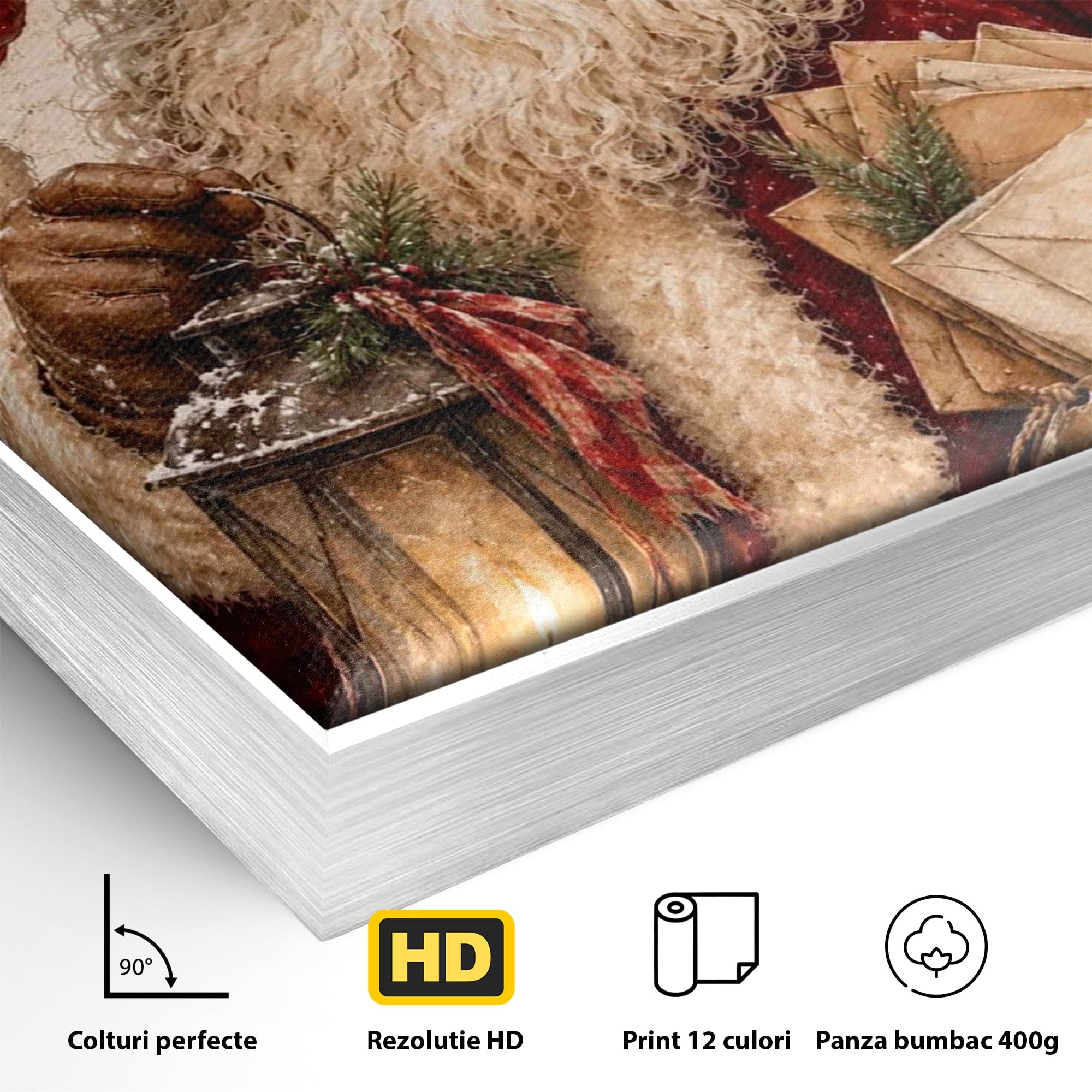 Tablou Canvas Premium LuxCanva® PI1093, Mos Craciun Cu Felinar, Barba, Alb, Iarna, Sarbatori, Traditie, Living, Culori Vibrante