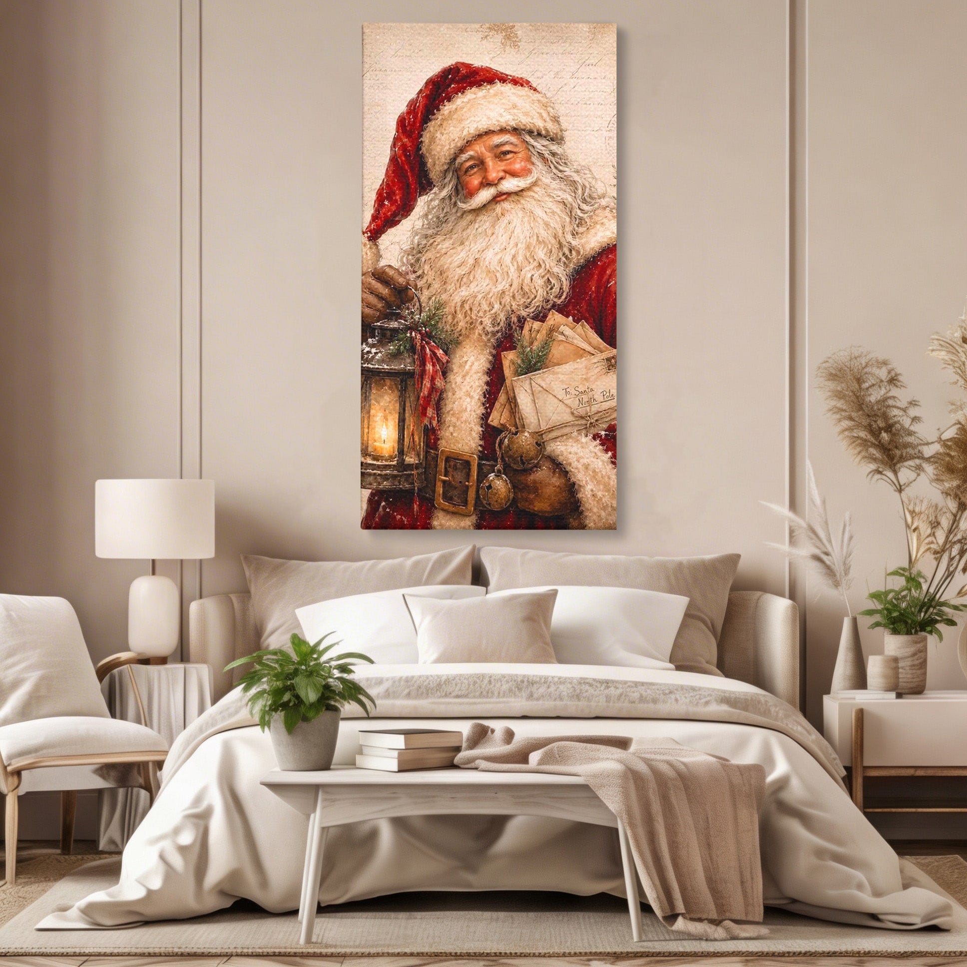 Tablou Canvas Premium LuxCanva® PI1093, Mos Craciun Cu Felinar, Barba, Alb, Iarna, Sarbatori, Traditie, Living, Culori Vibrante