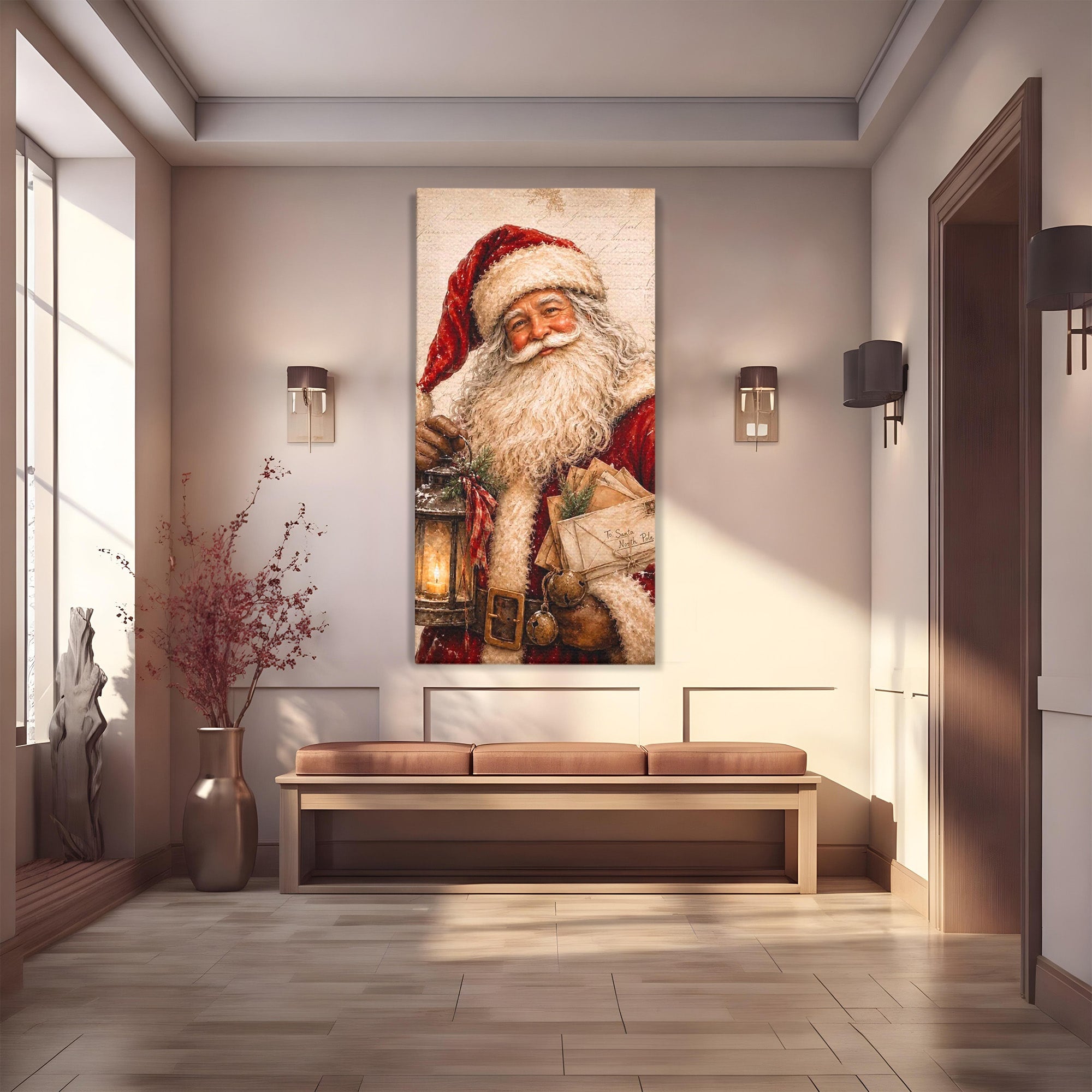 Tablou Canvas Premium LuxCanva® PI1093, Mos Craciun Cu Felinar, Barba, Alb, Iarna, Sarbatori, Traditie, Living, Culori Vibrante
