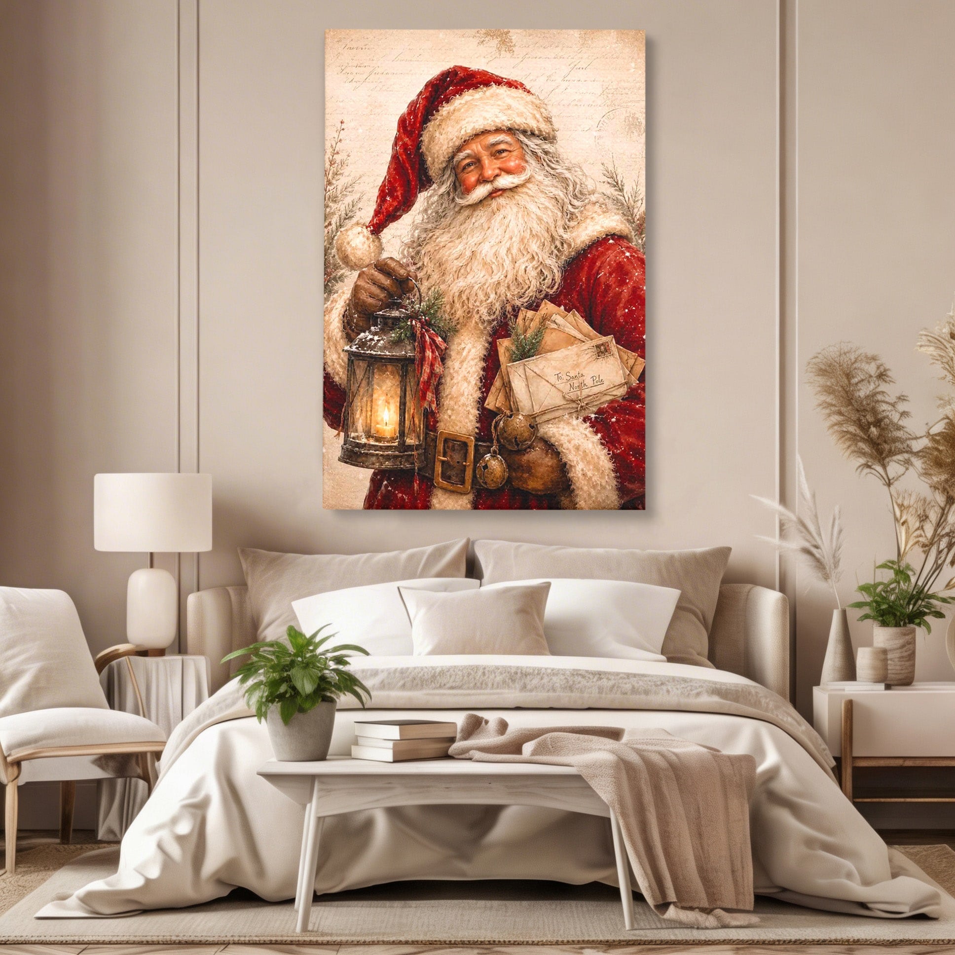 Tablou Canvas Premium LuxCanva® PI1093, Mos Craciun Cu Felinar, Barba, Alb, Iarna, Sarbatori, Traditie, Living, Culori Vibrante