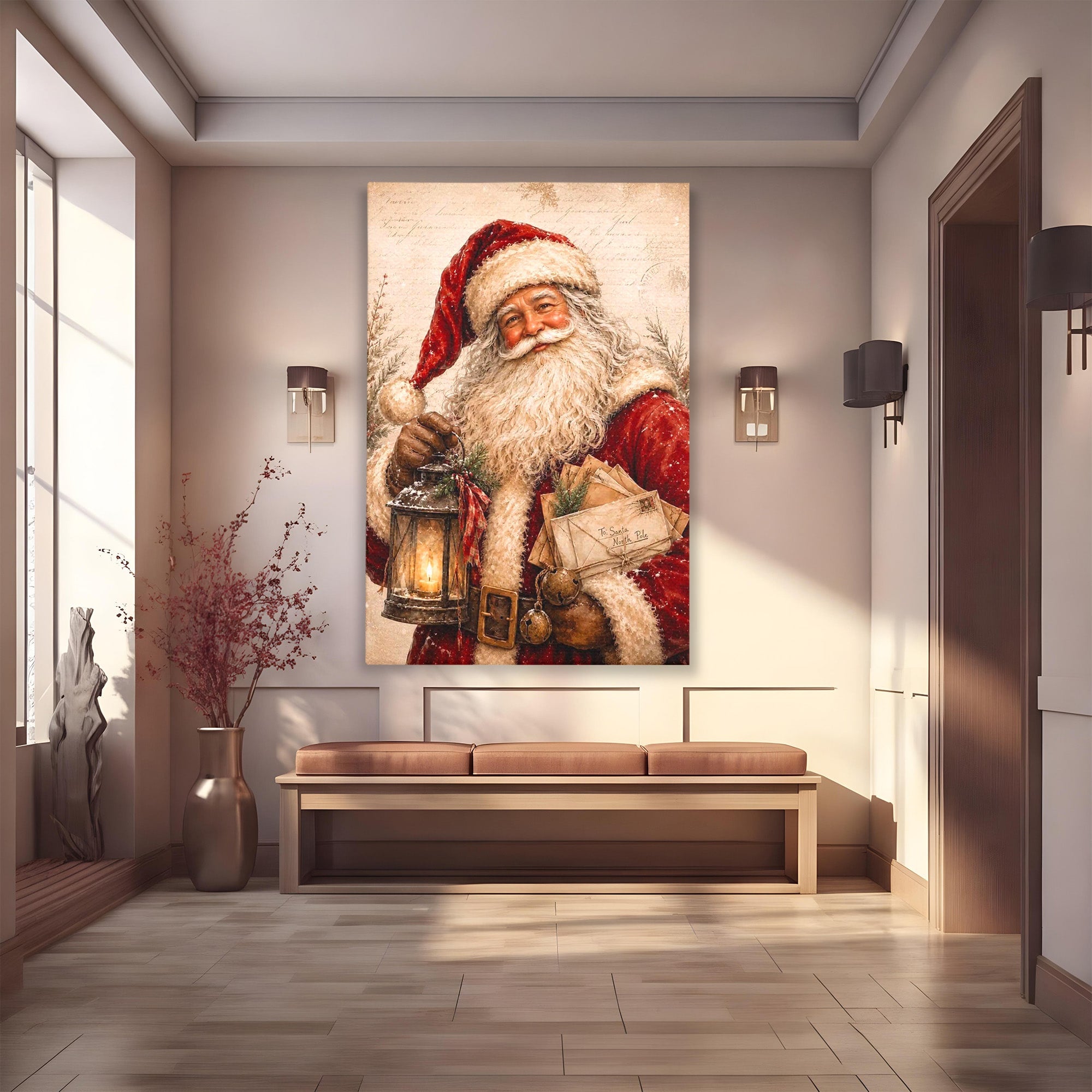 Tablou Canvas Premium LuxCanva® PI1093, Mos Craciun Cu Felinar, Barba, Alb, Iarna, Sarbatori, Traditie, Living, Culori Vibrante