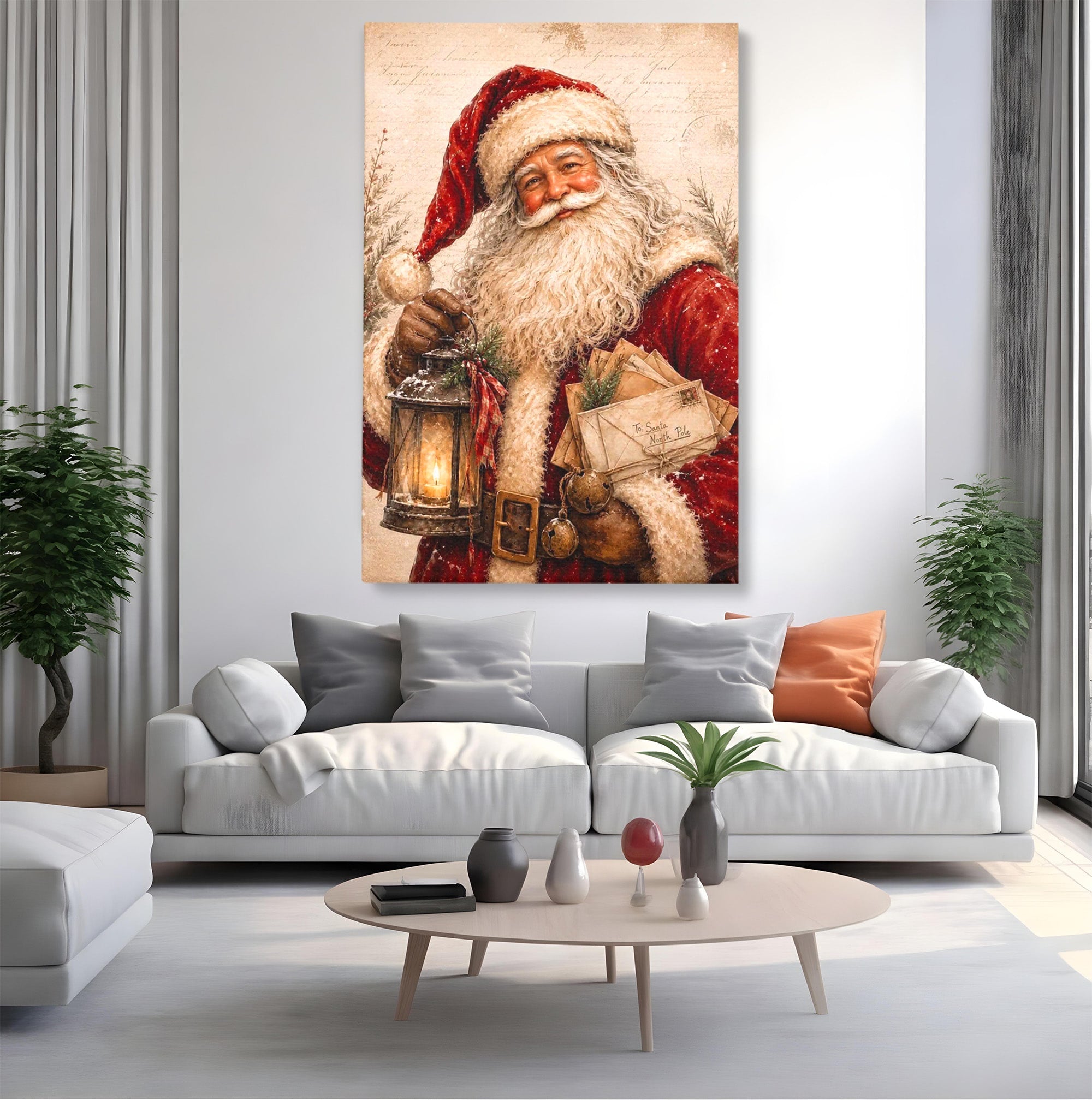 Tablou Canvas Premium LuxCanva® PI1093, Mos Craciun Cu Felinar, Barba, Alb, Iarna, Sarbatori, Traditie, Living, Culori Vibrante