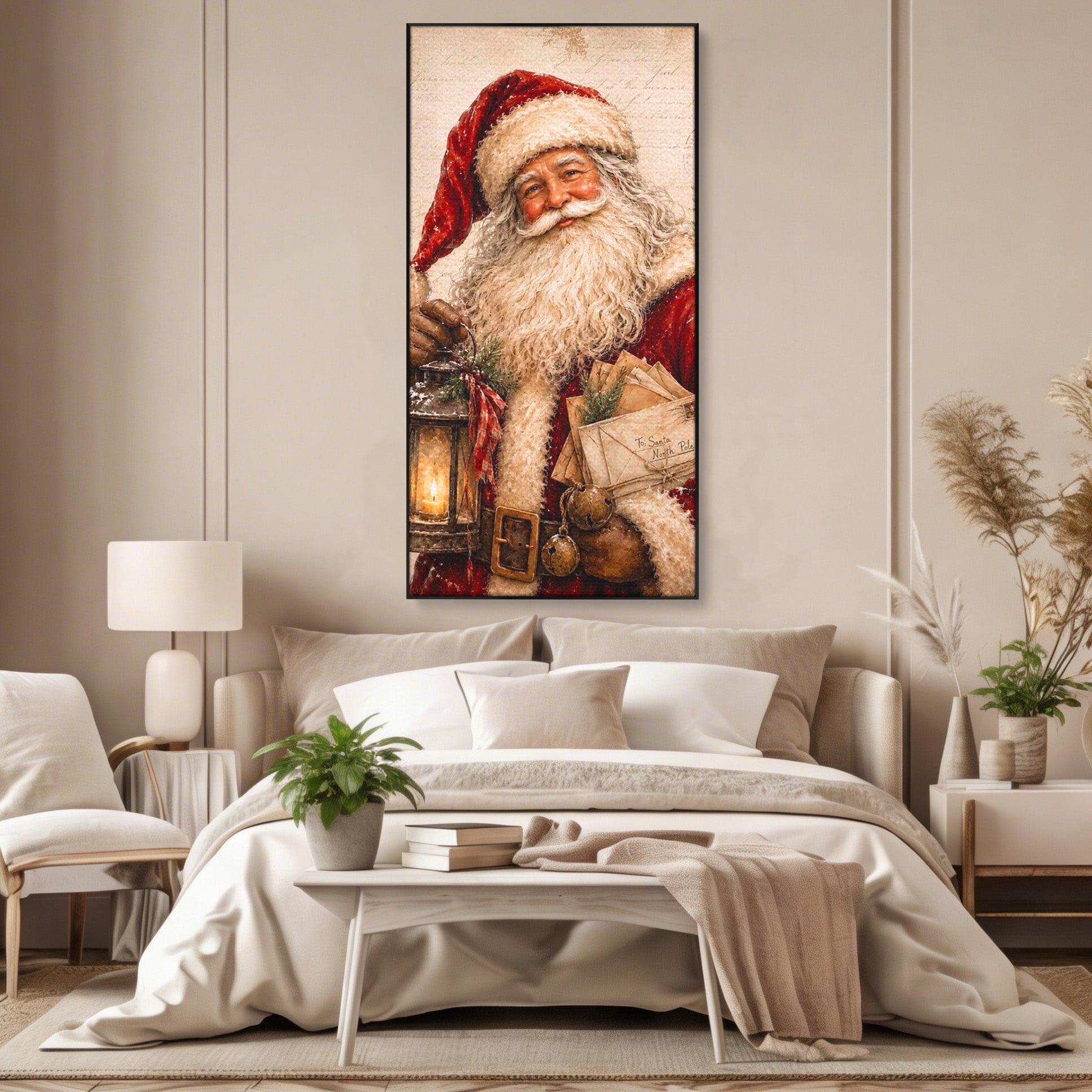 Tablou Canvas Premium LuxCanva® PI1093, Mos Craciun Cu Felinar, Barba, Alb, Iarna, Sarbatori, Traditie, Living, Culori Vibrante
