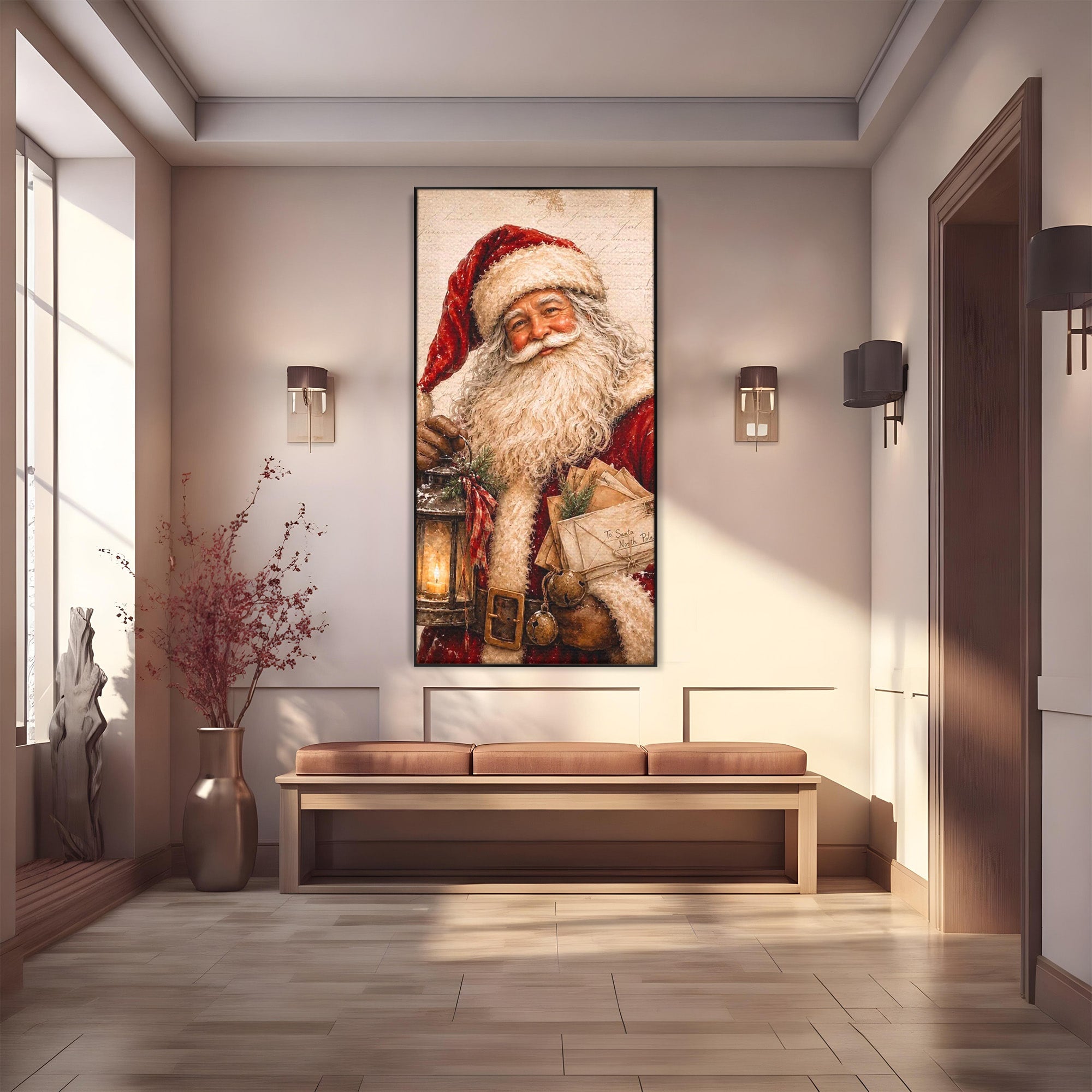 Tablou Canvas Premium LuxCanva® PI1093, Mos Craciun Cu Felinar, Barba, Alb, Iarna, Sarbatori, Traditie, Living, Culori Vibrante
