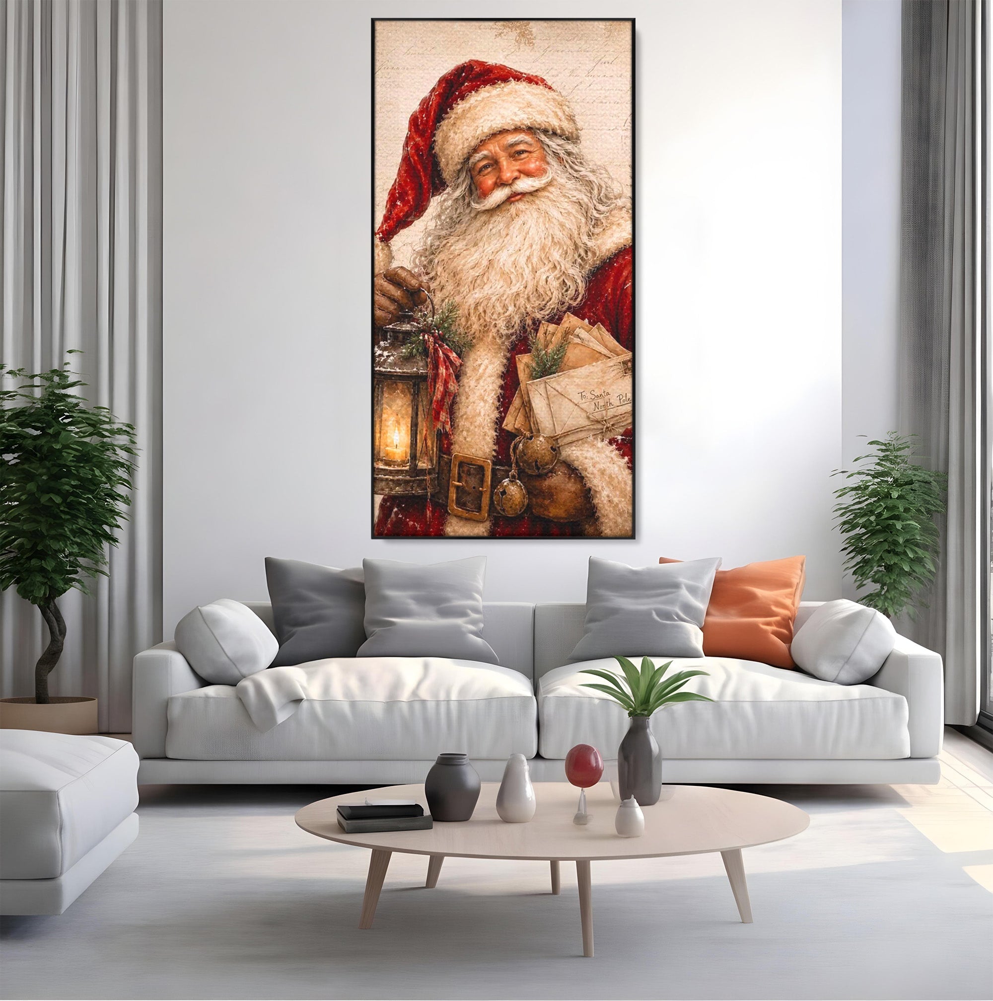 Tablou Canvas Premium LuxCanva® PI1093, Mos Craciun Cu Felinar, Barba, Alb, Iarna, Sarbatori, Traditie, Living, Culori Vibrante