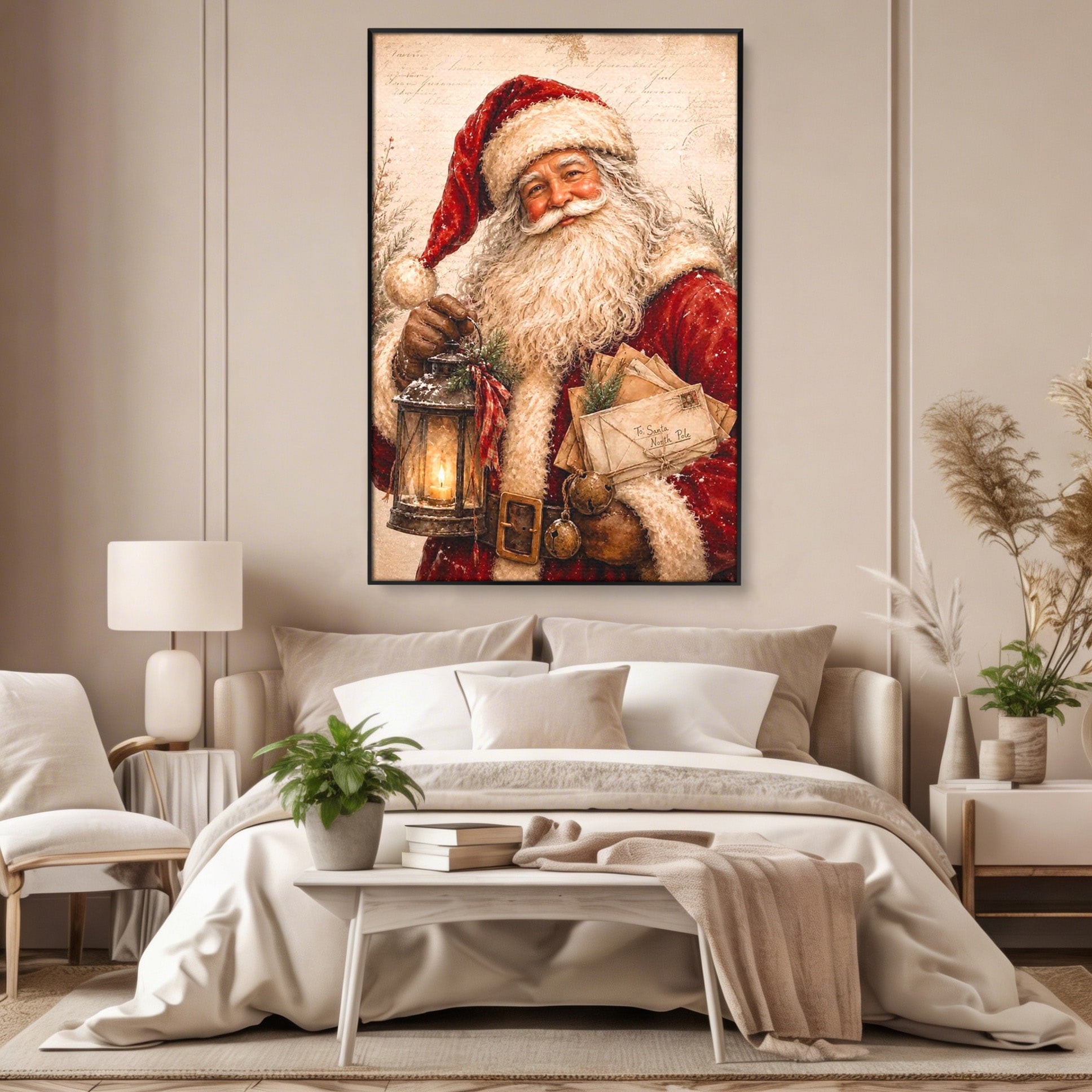 Tablou Canvas Premium LuxCanva® PI1093, Mos Craciun Cu Felinar, Barba, Alb, Iarna, Sarbatori, Traditie, Living, Culori Vibrante