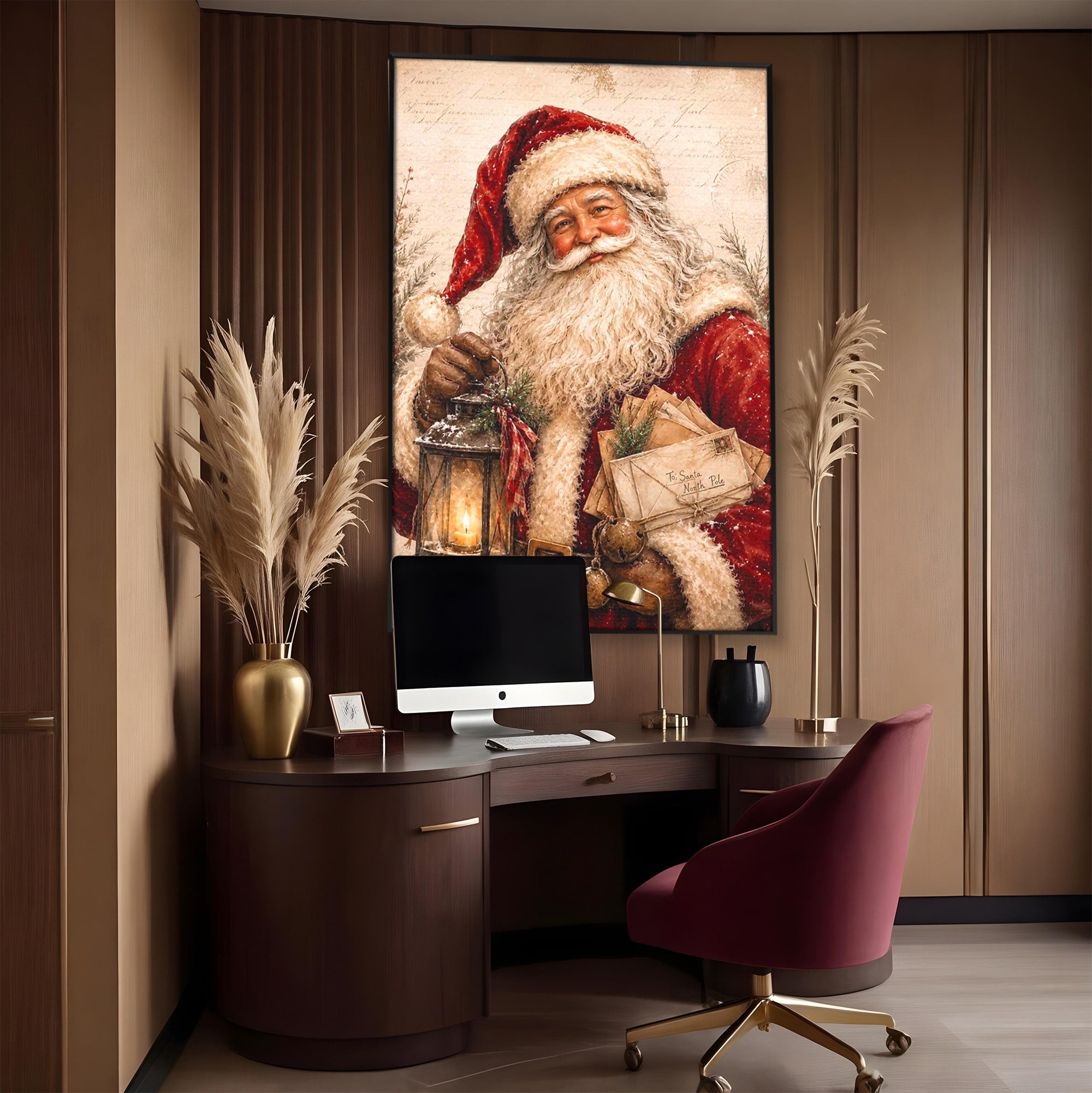 Tablou Canvas Premium LuxCanva® PI1093, Mos Craciun Cu Felinar, Barba, Alb, Iarna, Sarbatori, Traditie, Living, Culori Vibrante