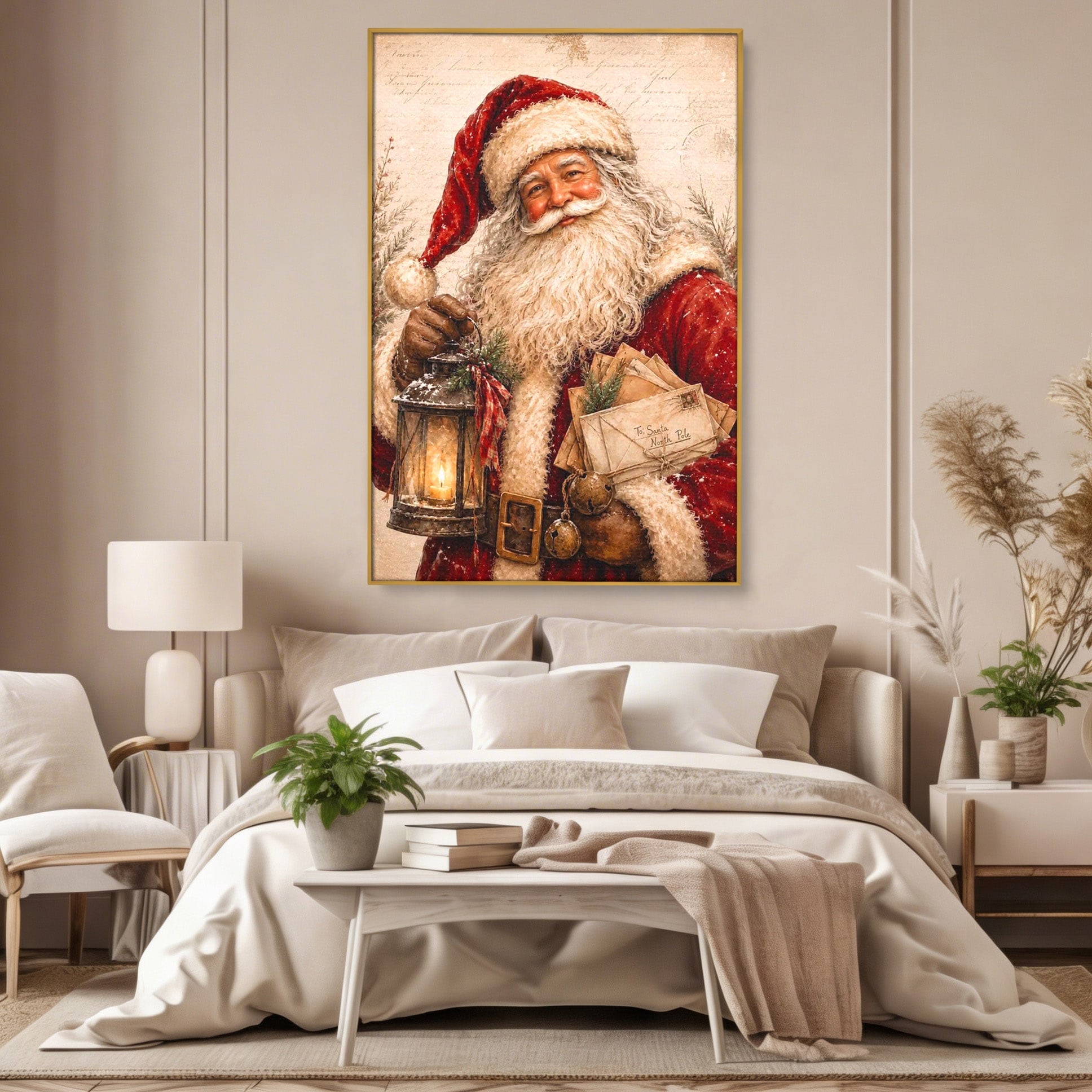 Tablou Canvas Premium LuxCanva® PI1093, Mos Craciun Cu Felinar, Barba, Alb, Iarna, Sarbatori, Traditie, Living, Culori Vibrante