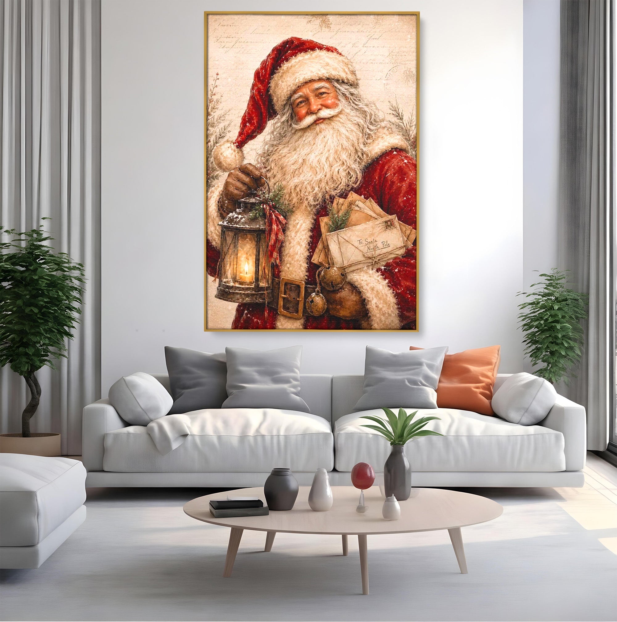 Tablou Canvas Premium LuxCanva® PI1093, Mos Craciun Cu Felinar, Barba, Alb, Iarna, Sarbatori, Traditie, Living, Culori Vibrante