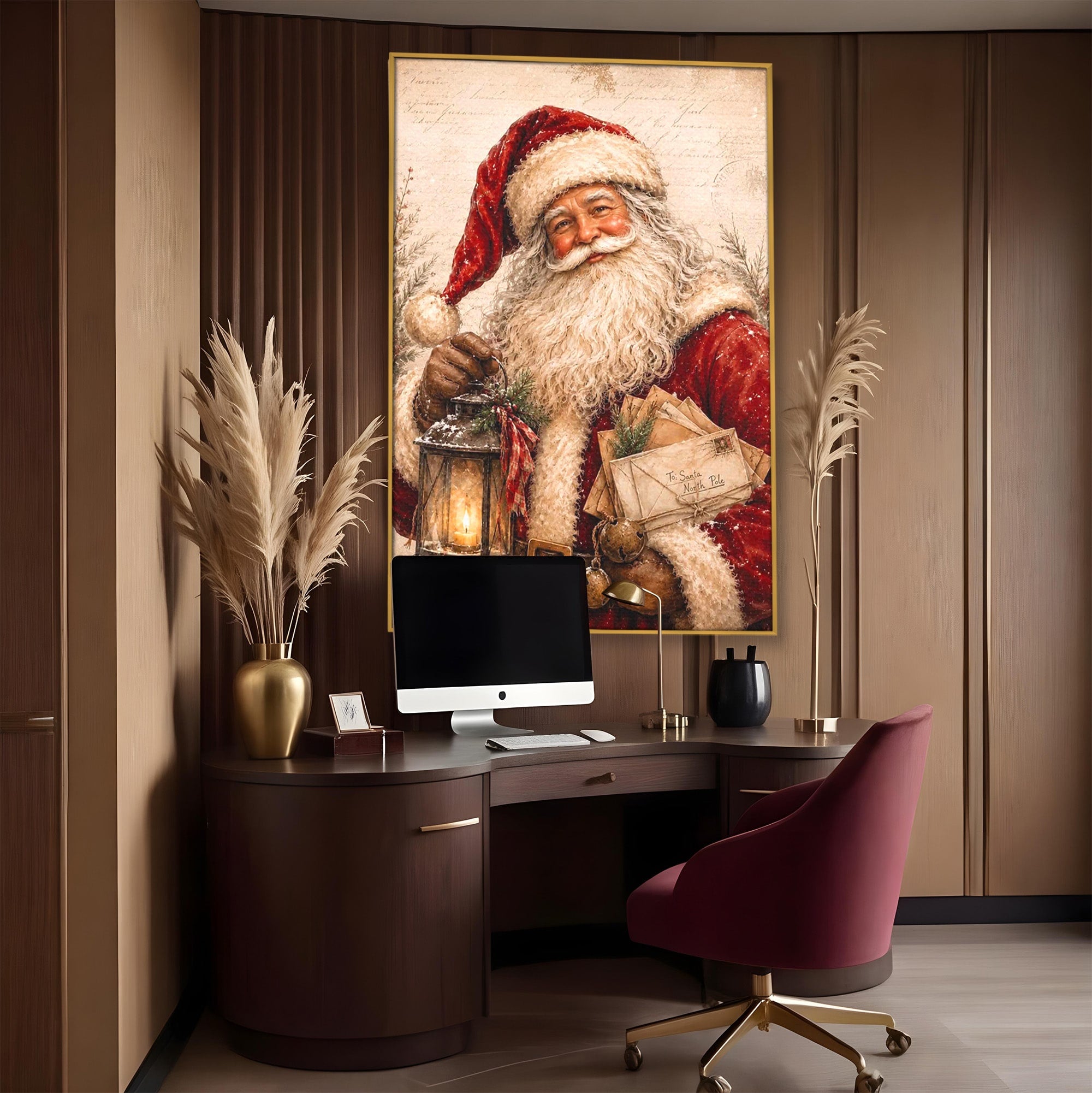 Tablou Canvas Premium LuxCanva® PI1093, Mos Craciun Cu Felinar, Barba, Alb, Iarna, Sarbatori, Traditie, Living, Culori Vibrante