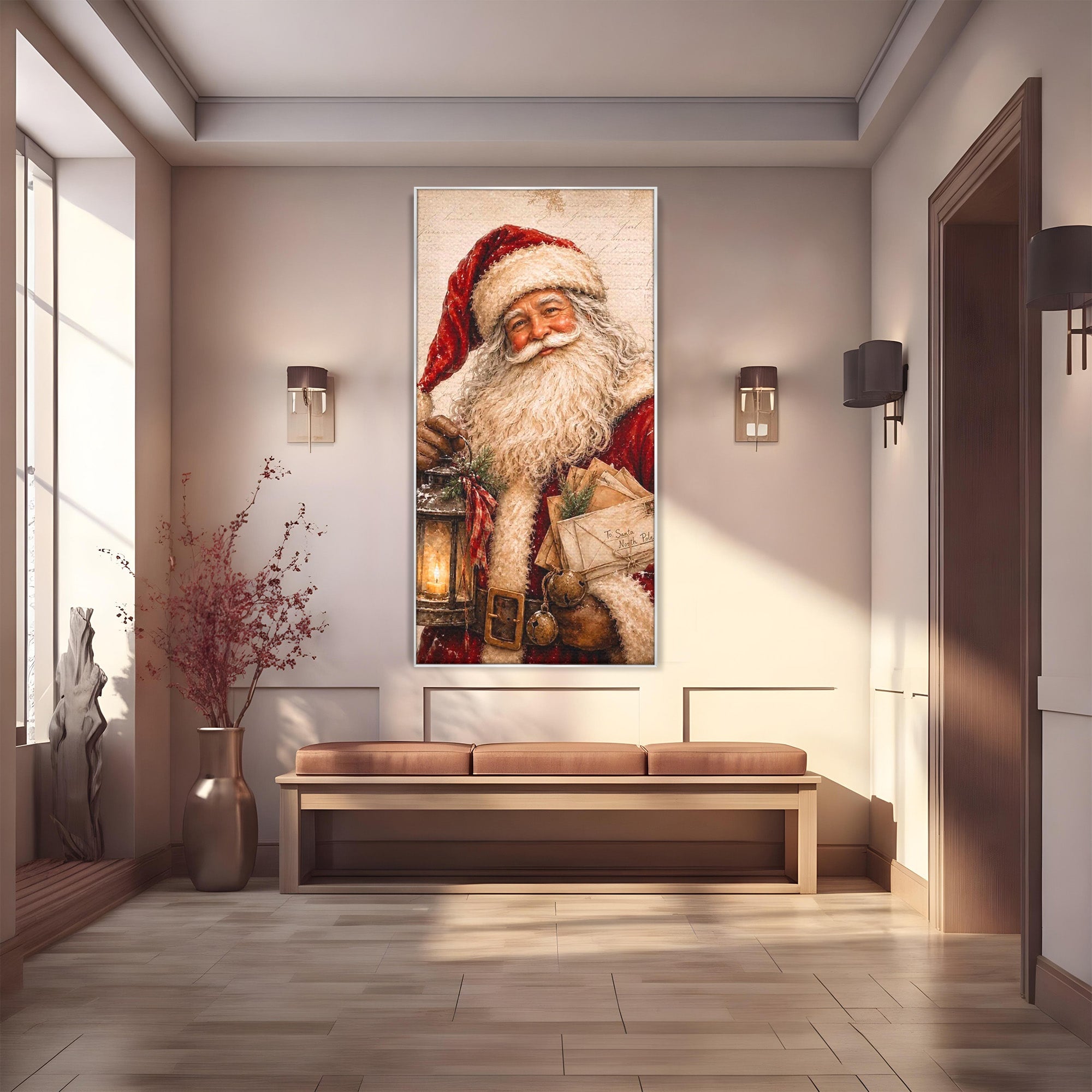 Tablou Canvas Premium LuxCanva® PI1093, Mos Craciun Cu Felinar, Barba, Alb, Iarna, Sarbatori, Traditie, Living, Culori Vibrante