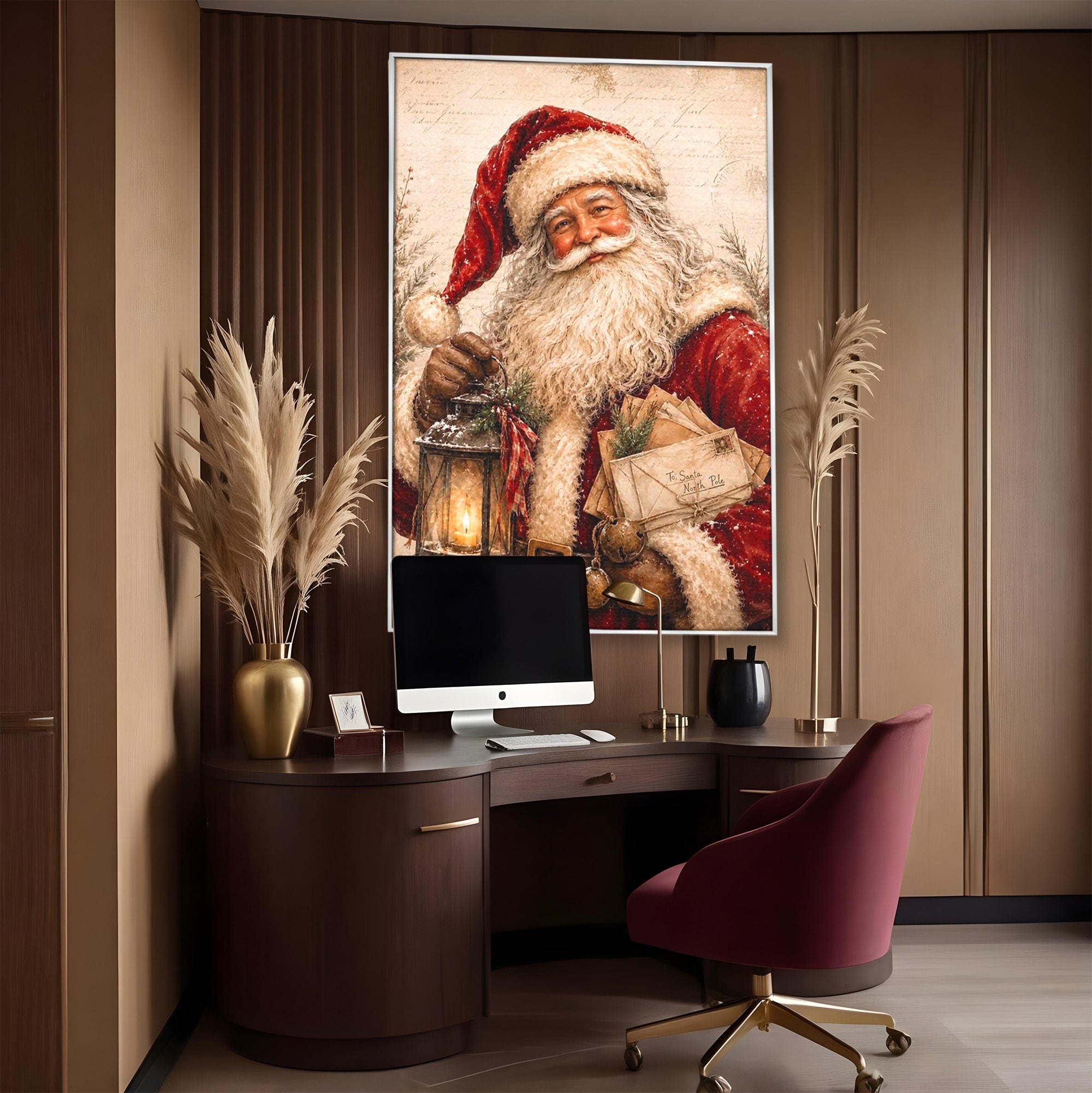 Tablou Canvas Premium LuxCanva® PI1093, Mos Craciun Cu Felinar, Barba, Alb, Iarna, Sarbatori, Traditie, Living, Culori Vibrante