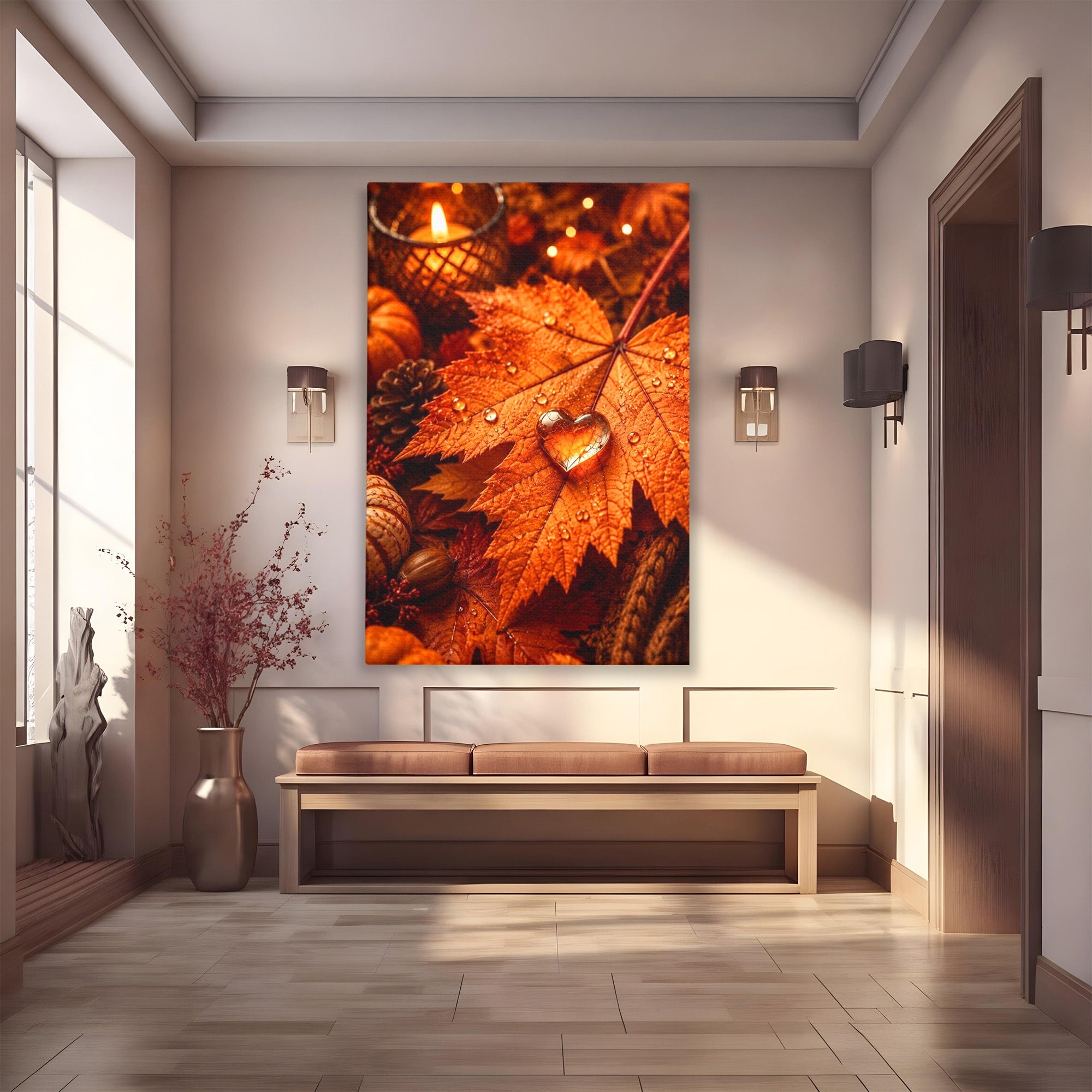 Tablou Canvas Premium LuxCanva® PI1094, Frunza De Toamna,Picatura, Roua, Lumina, Decor, Living, Culori Vibrante