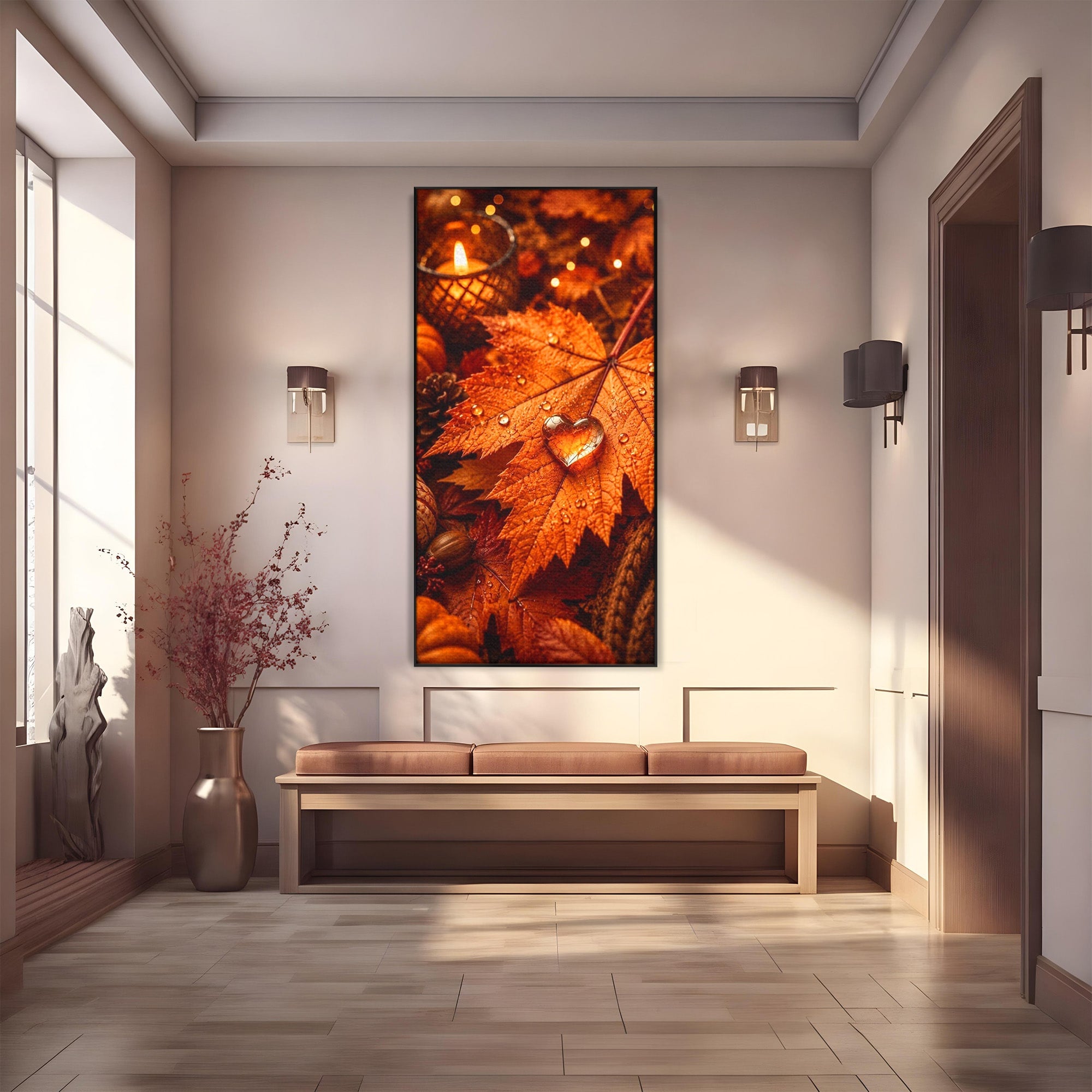 Tablou Canvas Premium LuxCanva® PI1094, Frunza De Toamna,Picatura, Roua, Lumina, Decor, Living, Culori Vibrante
