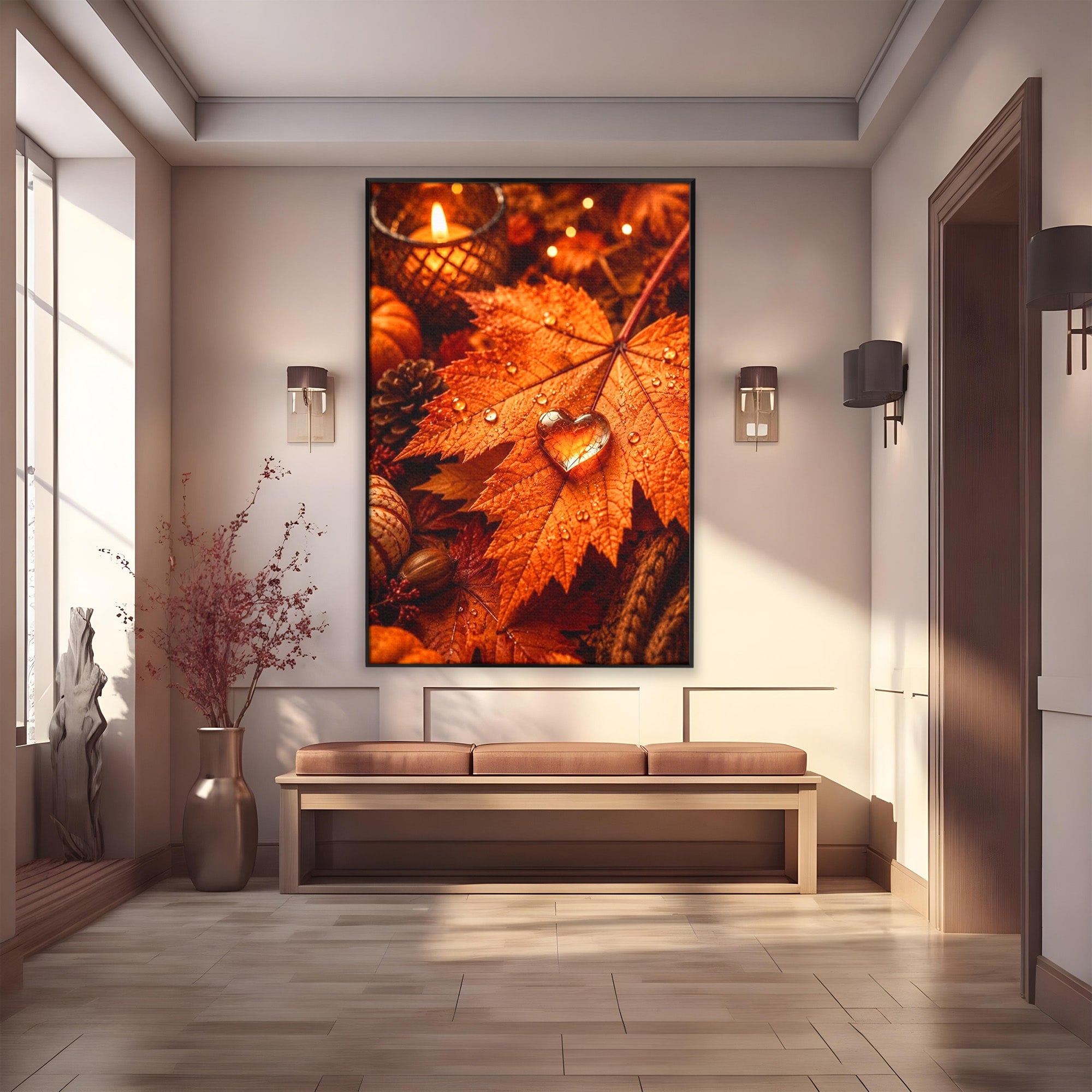 Tablou Canvas Premium LuxCanva® PI1094, Frunza De Toamna,Picatura, Roua, Lumina, Decor, Living, Culori Vibrante