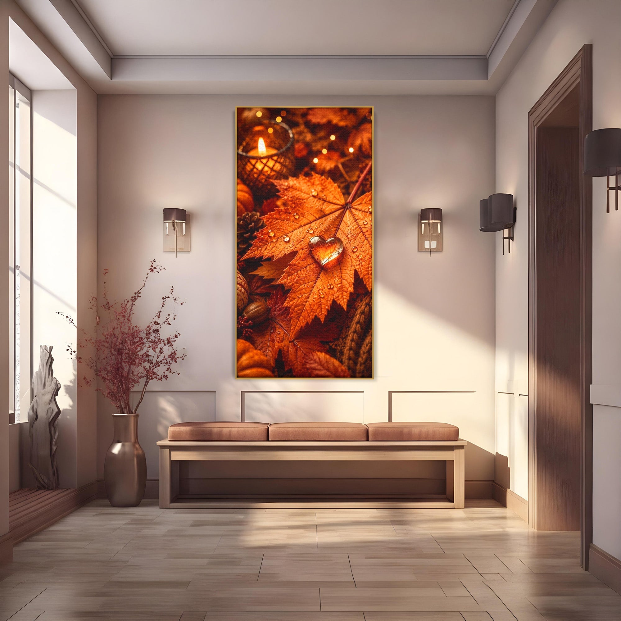 Tablou Canvas Premium LuxCanva® PI1094, Frunza De Toamna,Picatura, Roua, Lumina, Decor, Living, Culori Vibrante