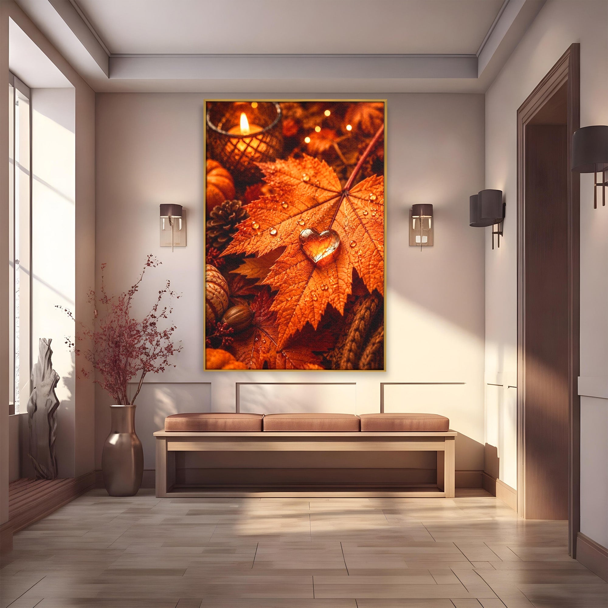 Tablou Canvas Premium LuxCanva® PI1094, Frunza De Toamna,Picatura, Roua, Lumina, Decor, Living, Culori Vibrante