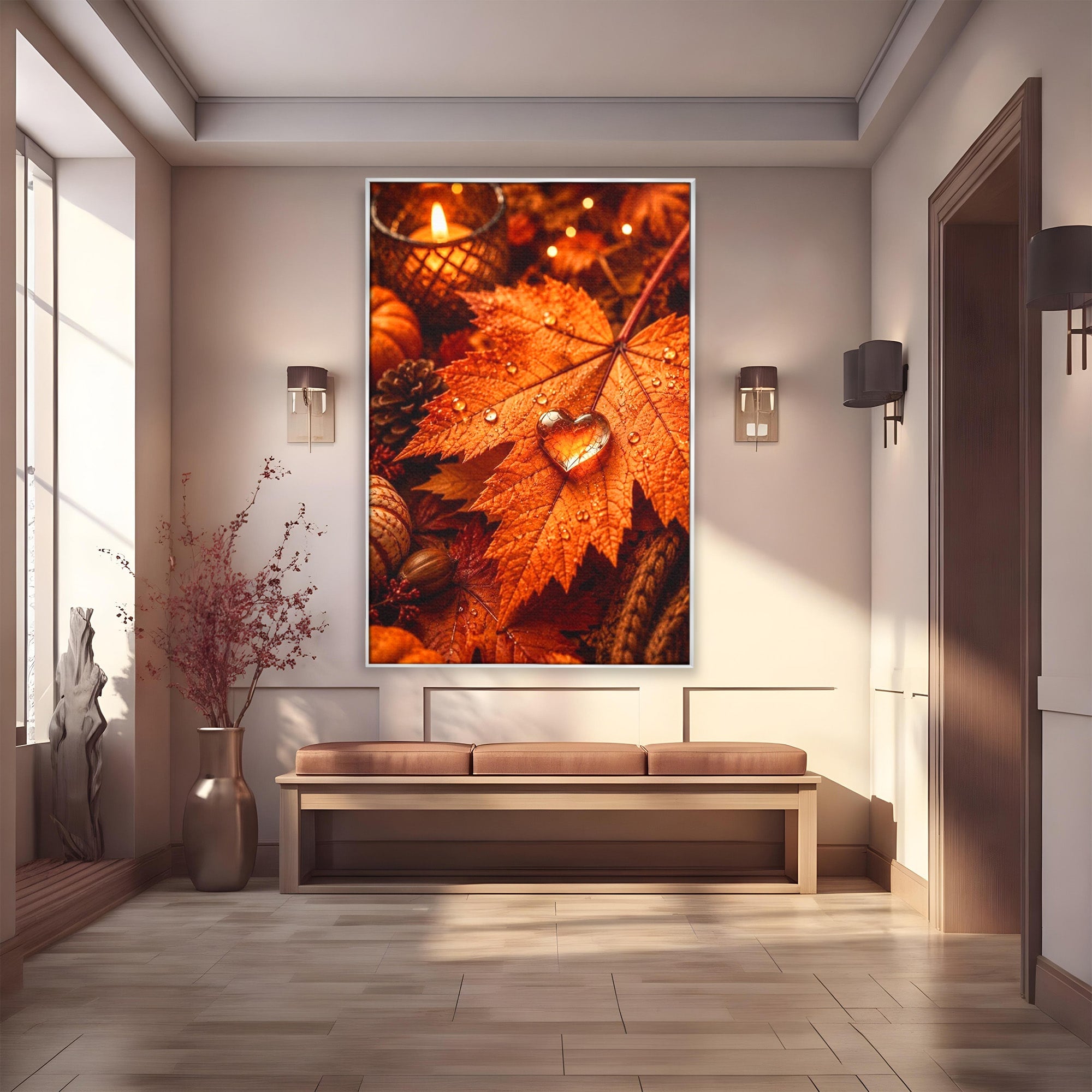 Tablou Canvas Premium LuxCanva® PI1094, Frunza De Toamna,Picatura, Roua, Lumina, Decor, Living, Culori Vibrante