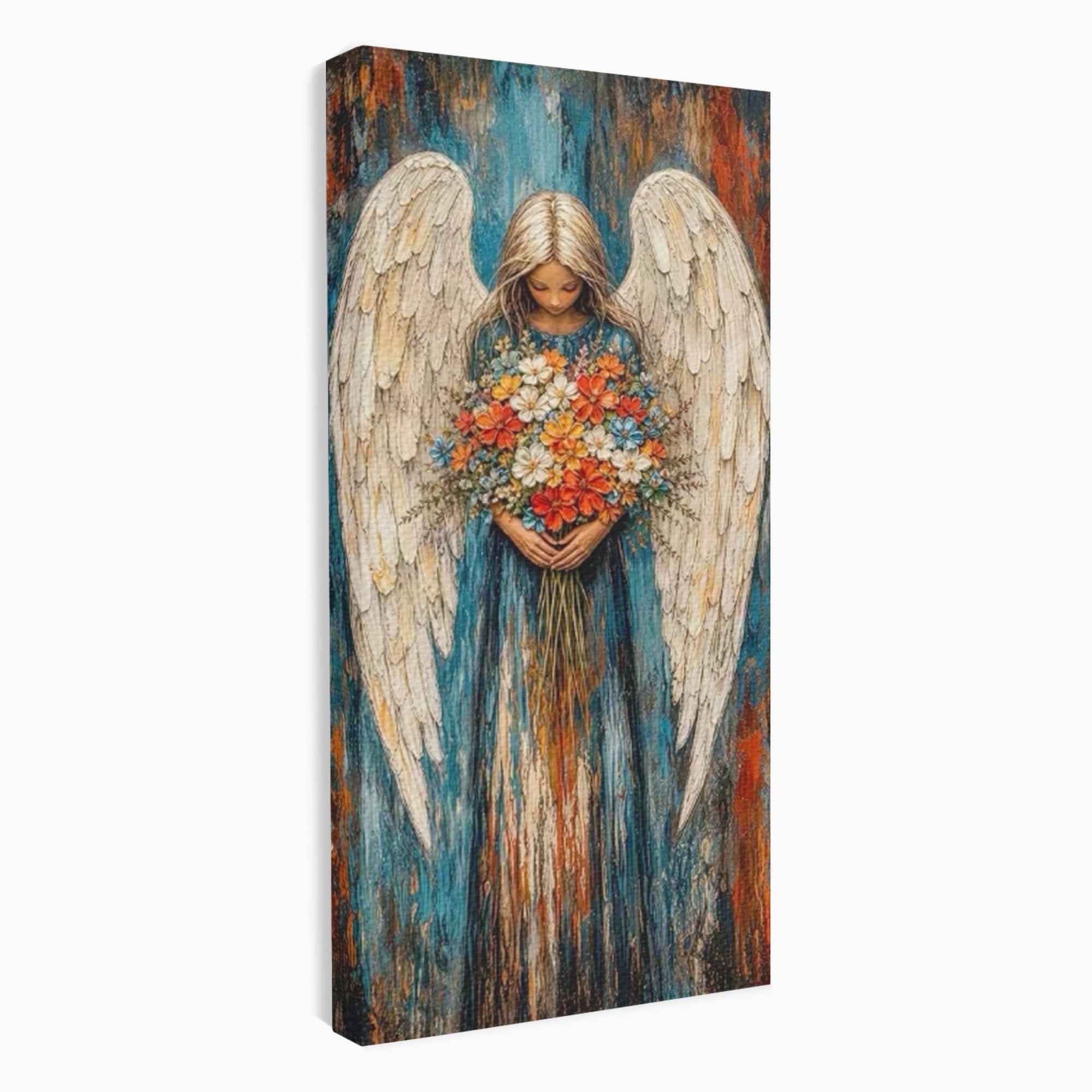 Tablou Canvas Premium LuxCanva® PI1095, Inger Cu Flori, Aripi, Rugaciune, Spiritualitate, Arta, Dormitor, Culori Vibrante