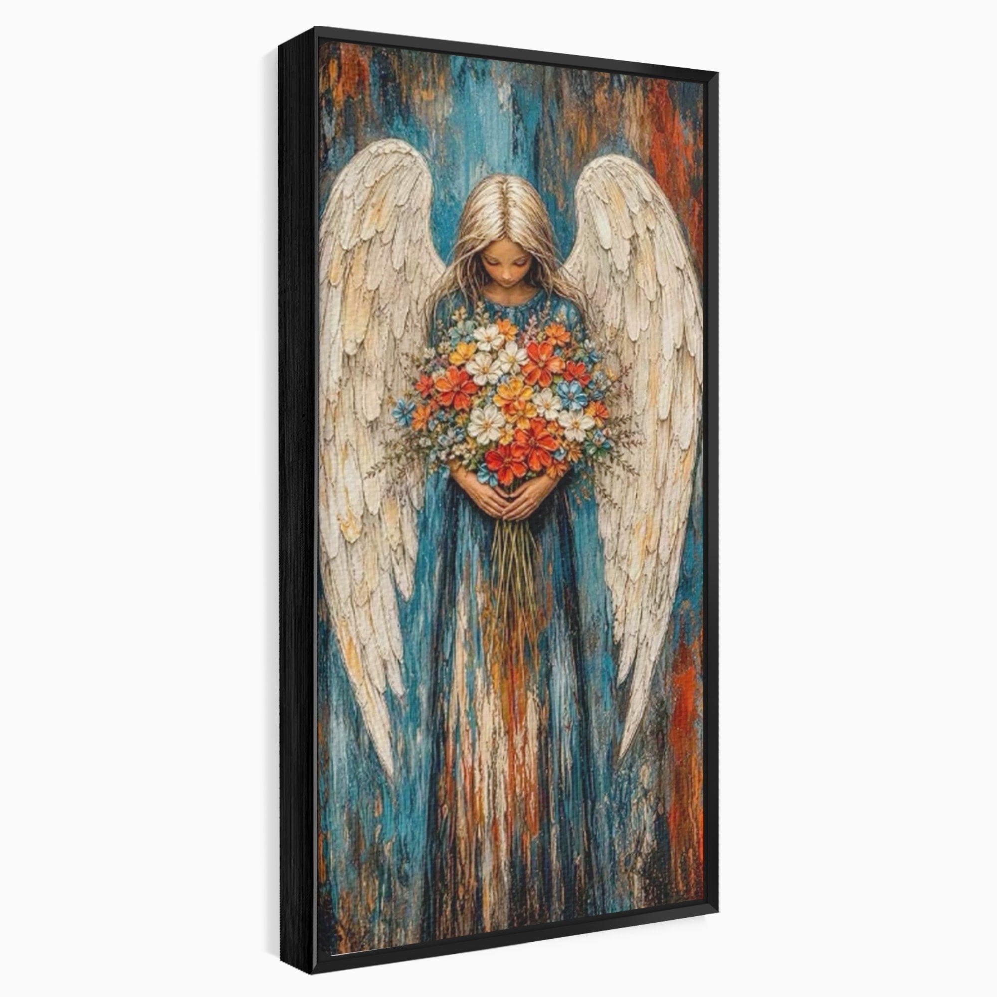 Tablou Canvas Premium LuxCanva® PI1095, Inger Cu Flori, Aripi, Rugaciune, Spiritualitate, Arta, Dormitor, Culori Vibrante