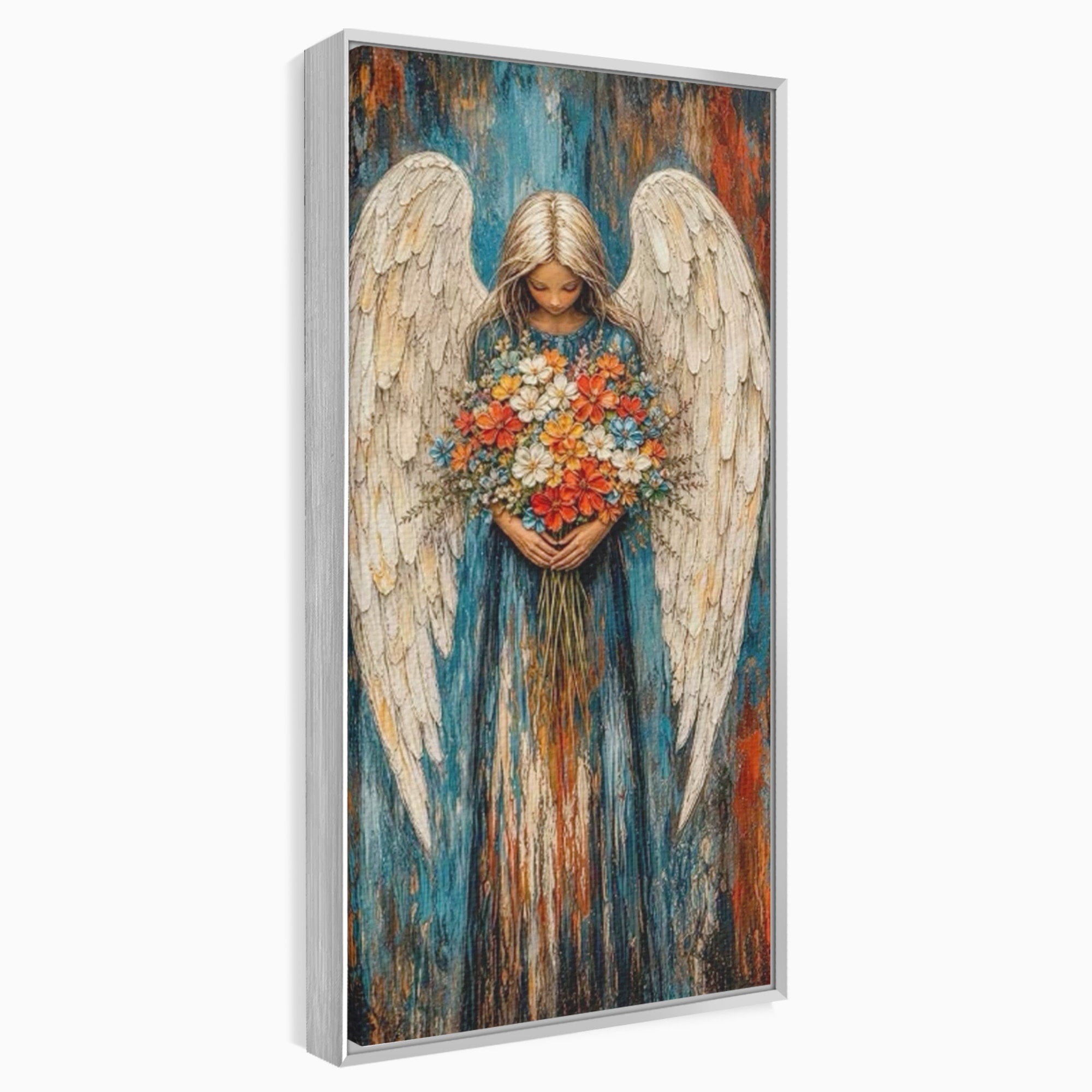 Tablou Canvas Premium LuxCanva® PI1095, Inger Cu Flori, Aripi, Rugaciune, Spiritualitate, Arta, Dormitor, Culori Vibrante