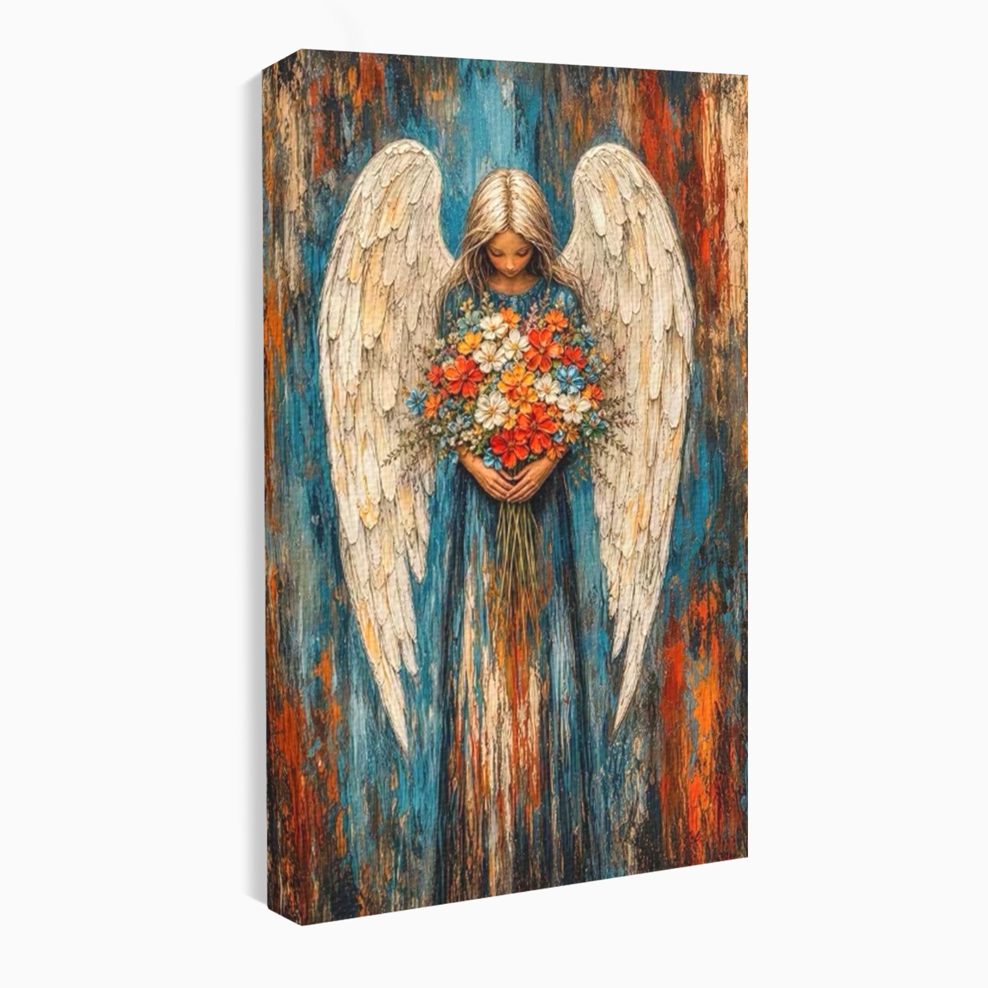 Tablou Canvas Premium LuxCanva® PI1095, Inger Cu Flori, Aripi, Rugaciune, Spiritualitate, Arta, Dormitor, Culori Vibrante