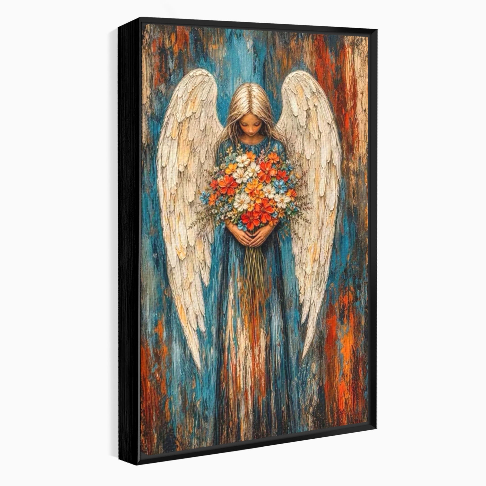 Tablou Canvas Premium LuxCanva® PI1095, Inger Cu Flori, Aripi, Rugaciune, Spiritualitate, Arta, Dormitor, Culori Vibrante