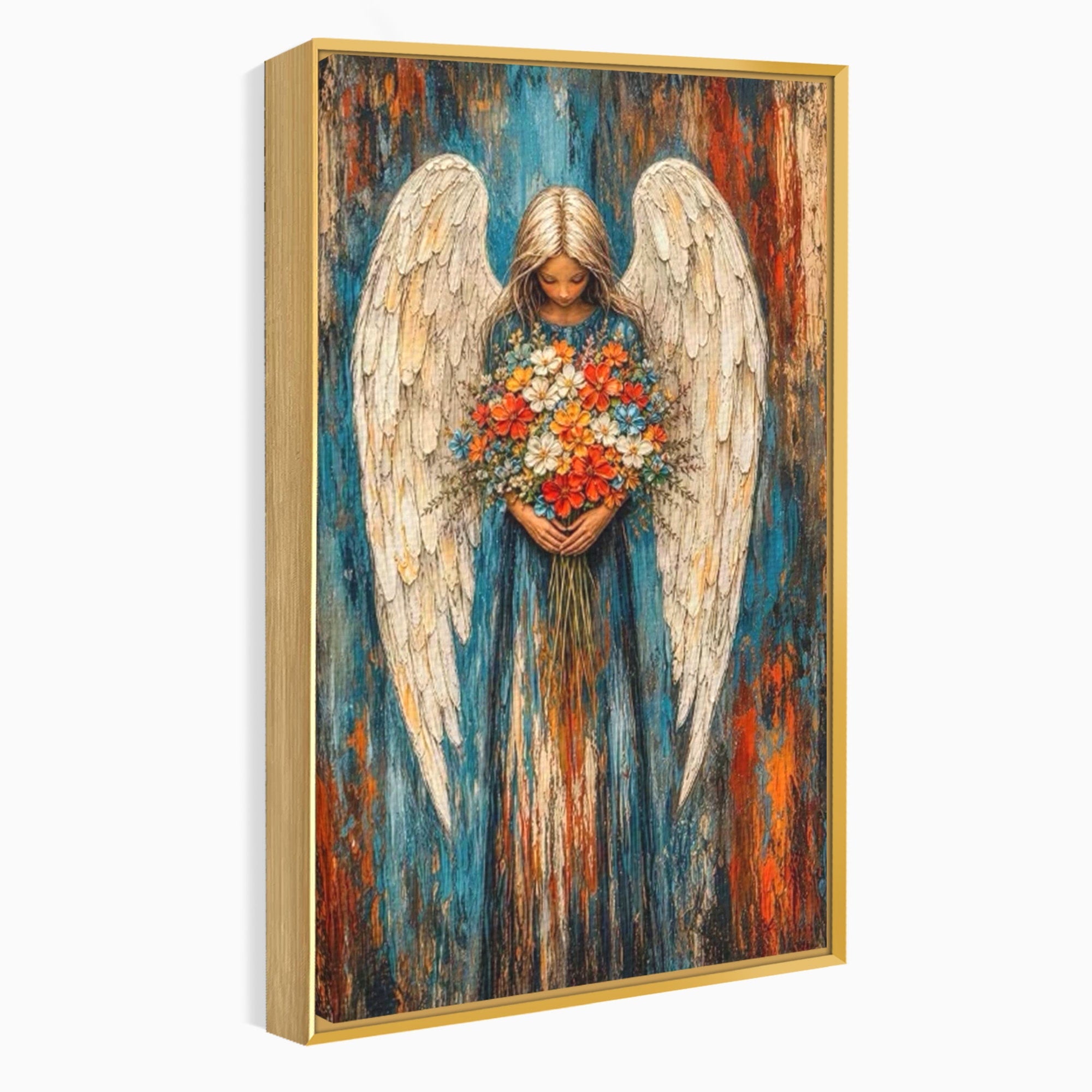 Tablou Canvas Premium LuxCanva® PI1095, Inger Cu Flori, Aripi, Rugaciune, Spiritualitate, Arta, Dormitor, Culori Vibrante