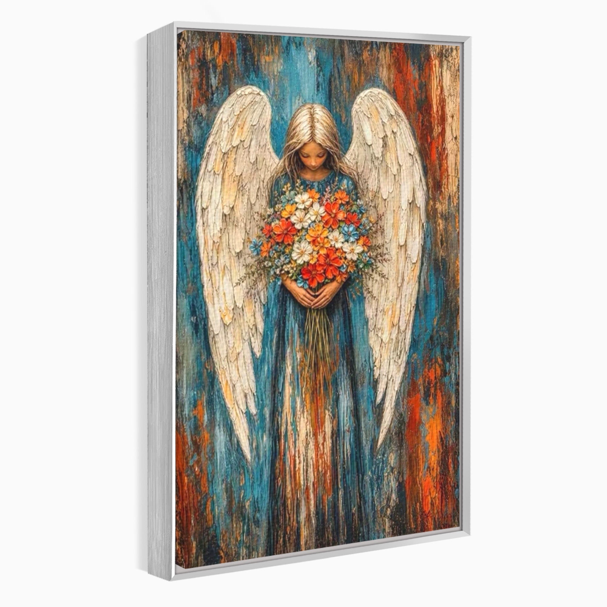 Tablou Canvas Premium LuxCanva® PI1095, Inger Cu Flori, Aripi, Rugaciune, Spiritualitate, Arta, Dormitor, Culori Vibrante