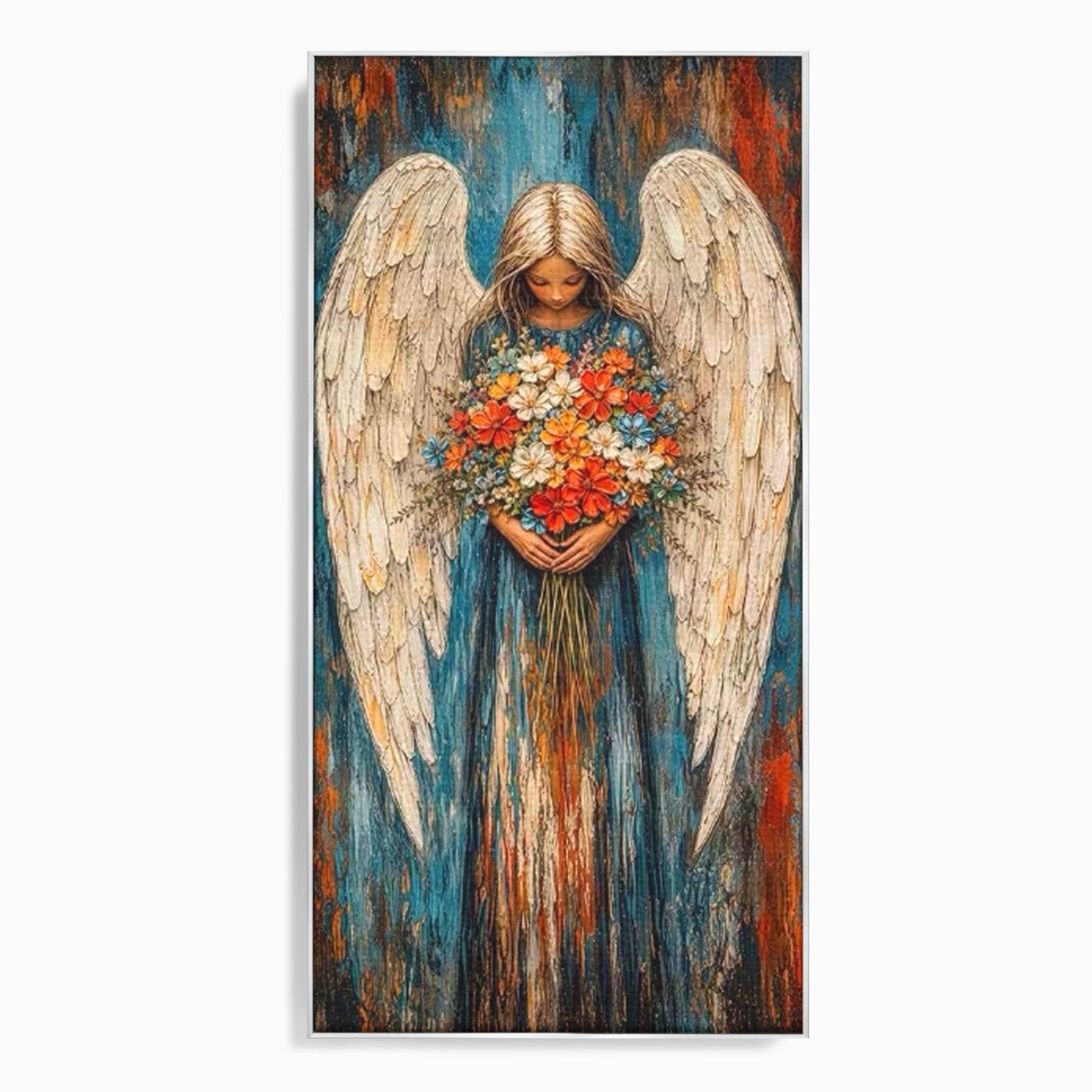 Tablou Canvas Premium LuxCanva® PI1095, Inger Cu Flori, Aripi, Rugaciune, Spiritualitate, Arta, Dormitor, Culori Vibrante