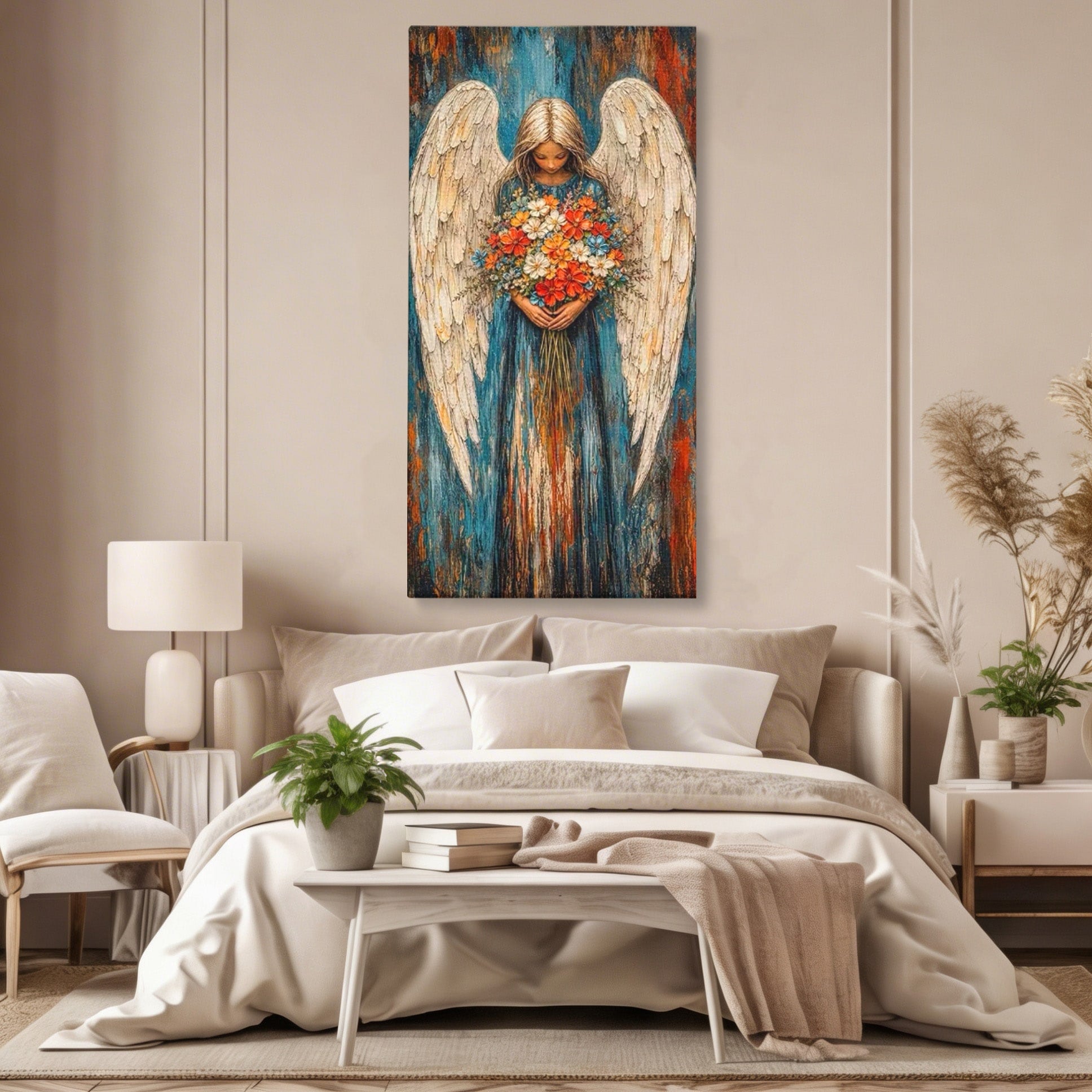 Tablou Canvas Premium LuxCanva® PI1095, Inger Cu Flori, Aripi, Rugaciune, Spiritualitate, Arta, Dormitor, Culori Vibrante