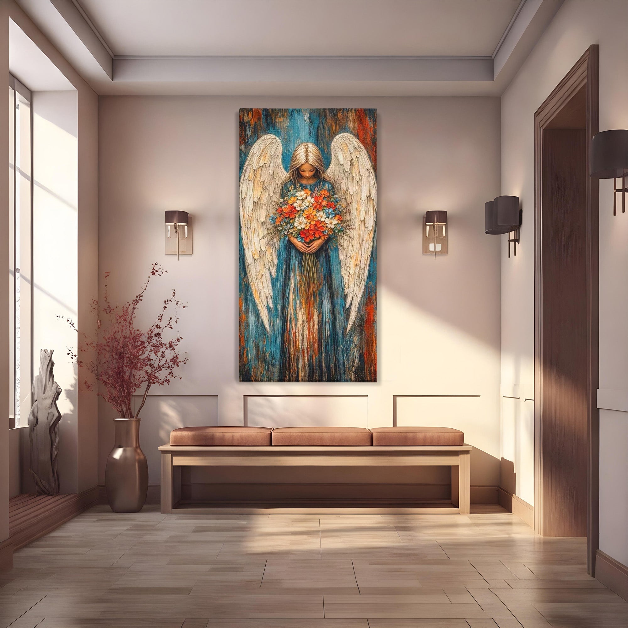 Tablou Canvas Premium LuxCanva® PI1095, Inger Cu Flori, Aripi, Rugaciune, Spiritualitate, Arta, Dormitor, Culori Vibrante