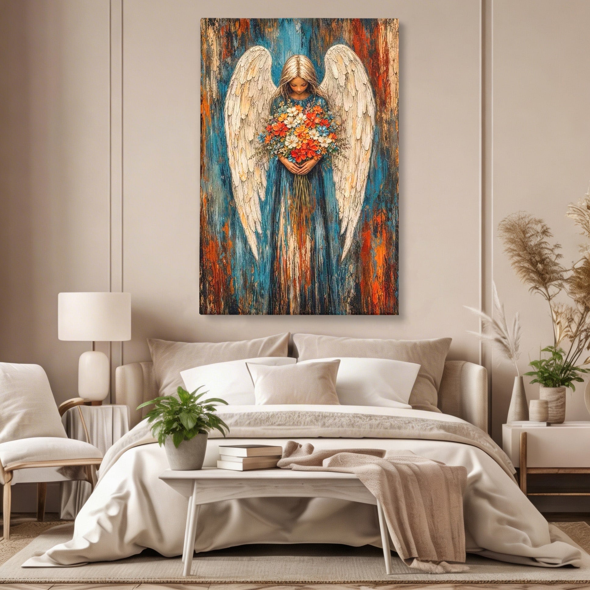 Tablou Canvas Premium LuxCanva® PI1095, Inger Cu Flori, Aripi, Rugaciune, Spiritualitate, Arta, Dormitor, Culori Vibrante