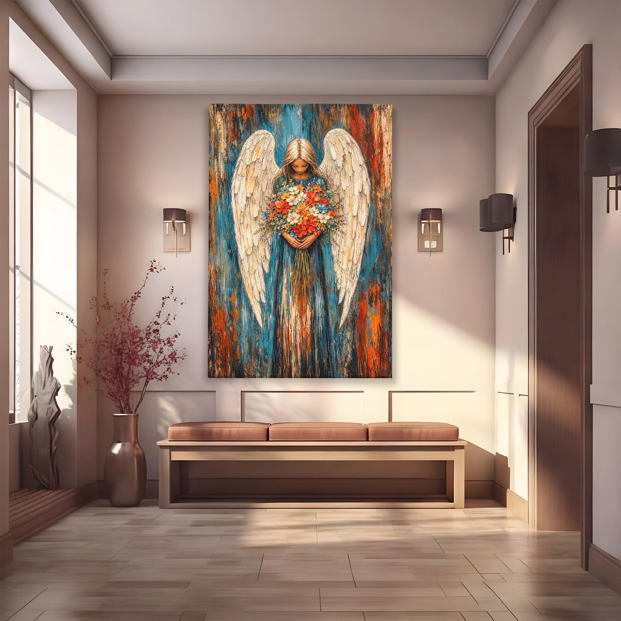 Tablou Canvas Premium LuxCanva® PI1095, Inger Cu Flori, Aripi, Rugaciune, Spiritualitate, Arta, Dormitor, Culori Vibrante