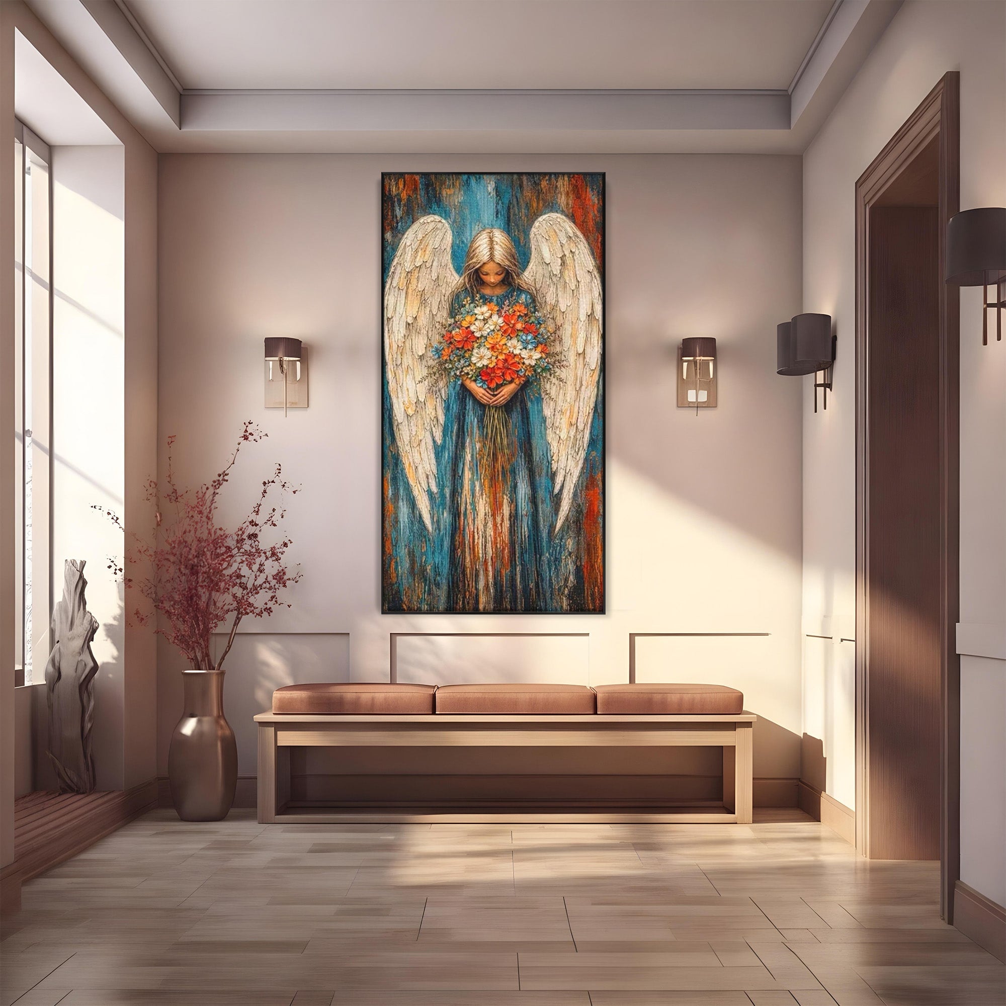 Tablou Canvas Premium LuxCanva® PI1095, Inger Cu Flori, Aripi, Rugaciune, Spiritualitate, Arta, Dormitor, Culori Vibrante