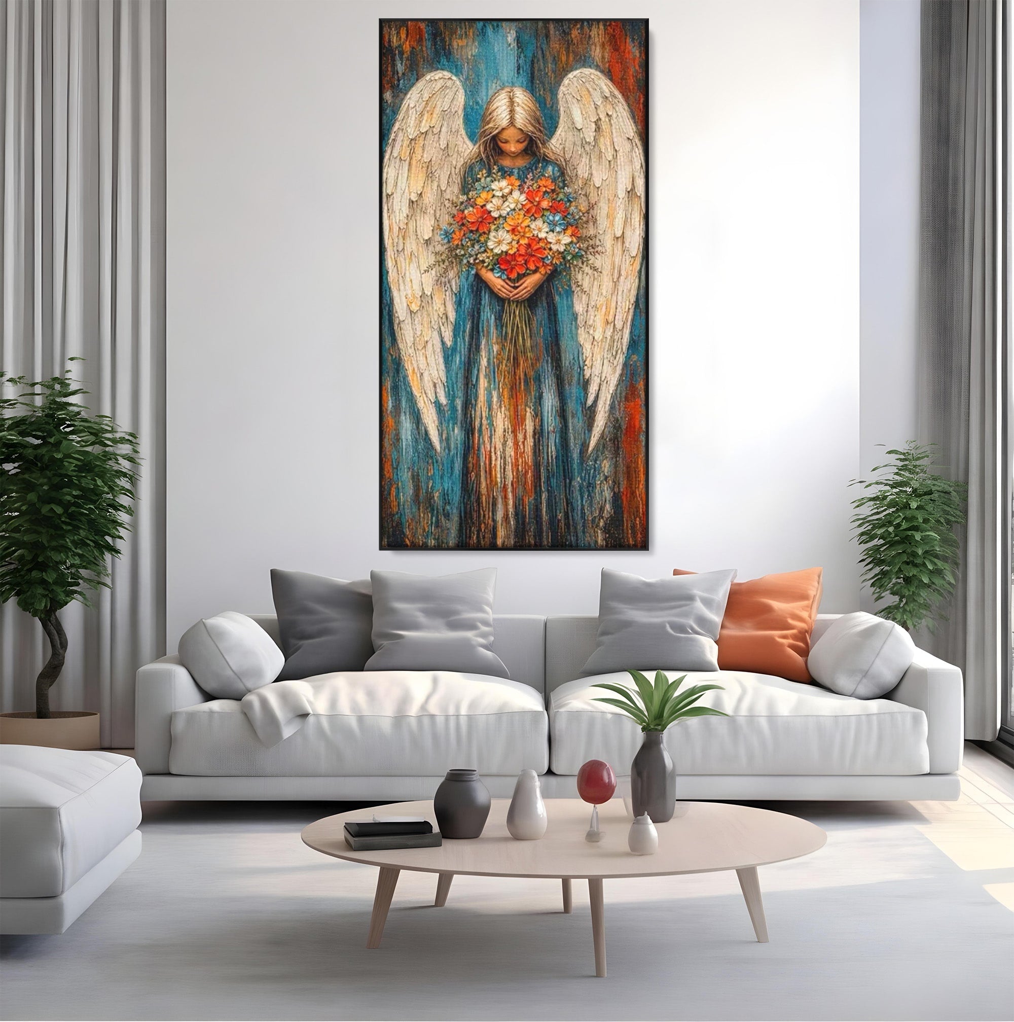 Tablou Canvas Premium LuxCanva® PI1095, Inger Cu Flori, Aripi, Rugaciune, Spiritualitate, Arta, Dormitor, Culori Vibrante