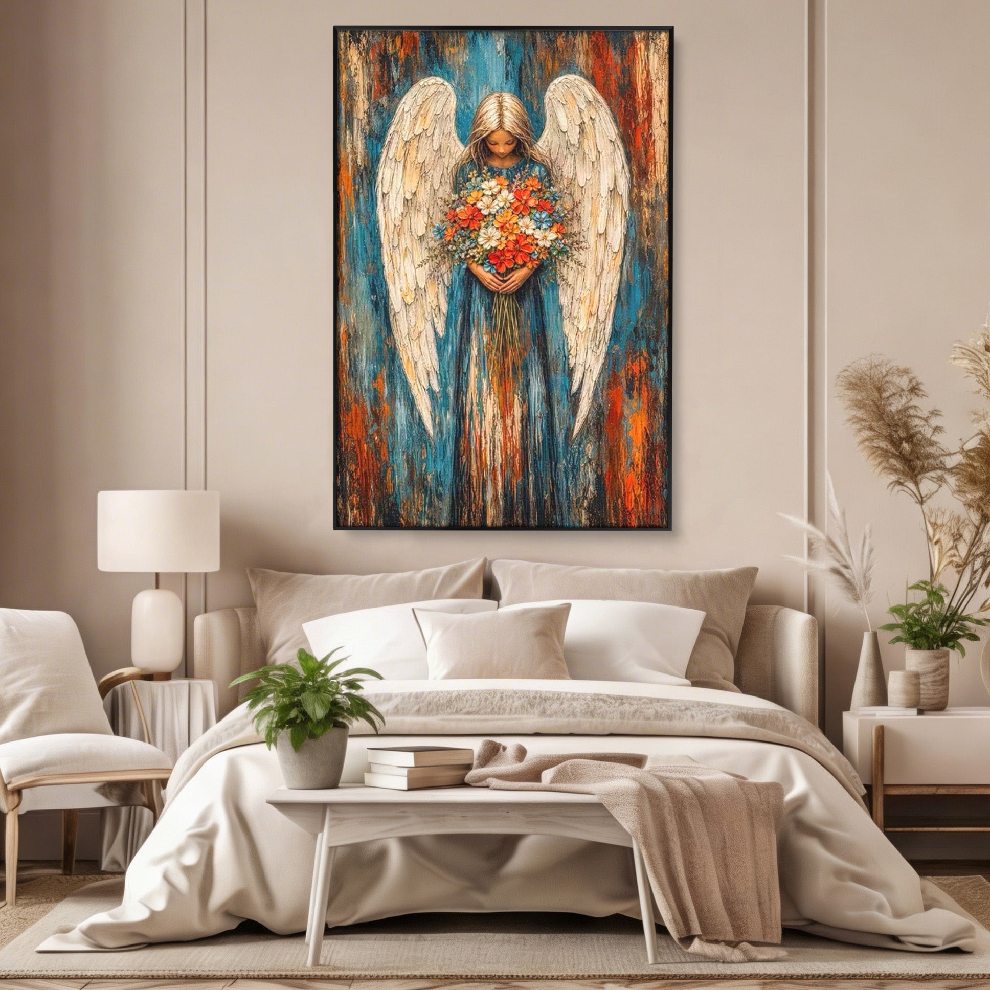 Tablou Canvas Premium LuxCanva® PI1095, Inger Cu Flori, Aripi, Rugaciune, Spiritualitate, Arta, Dormitor, Culori Vibrante