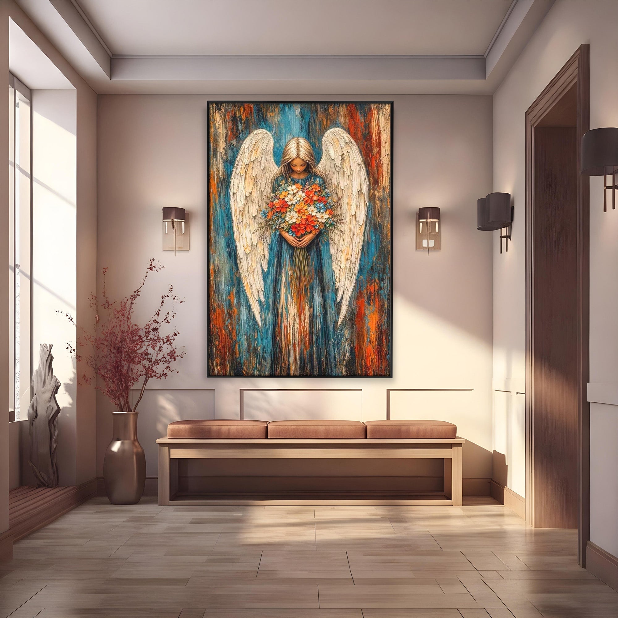Tablou Canvas Premium LuxCanva® PI1095, Inger Cu Flori, Aripi, Rugaciune, Spiritualitate, Arta, Dormitor, Culori Vibrante
