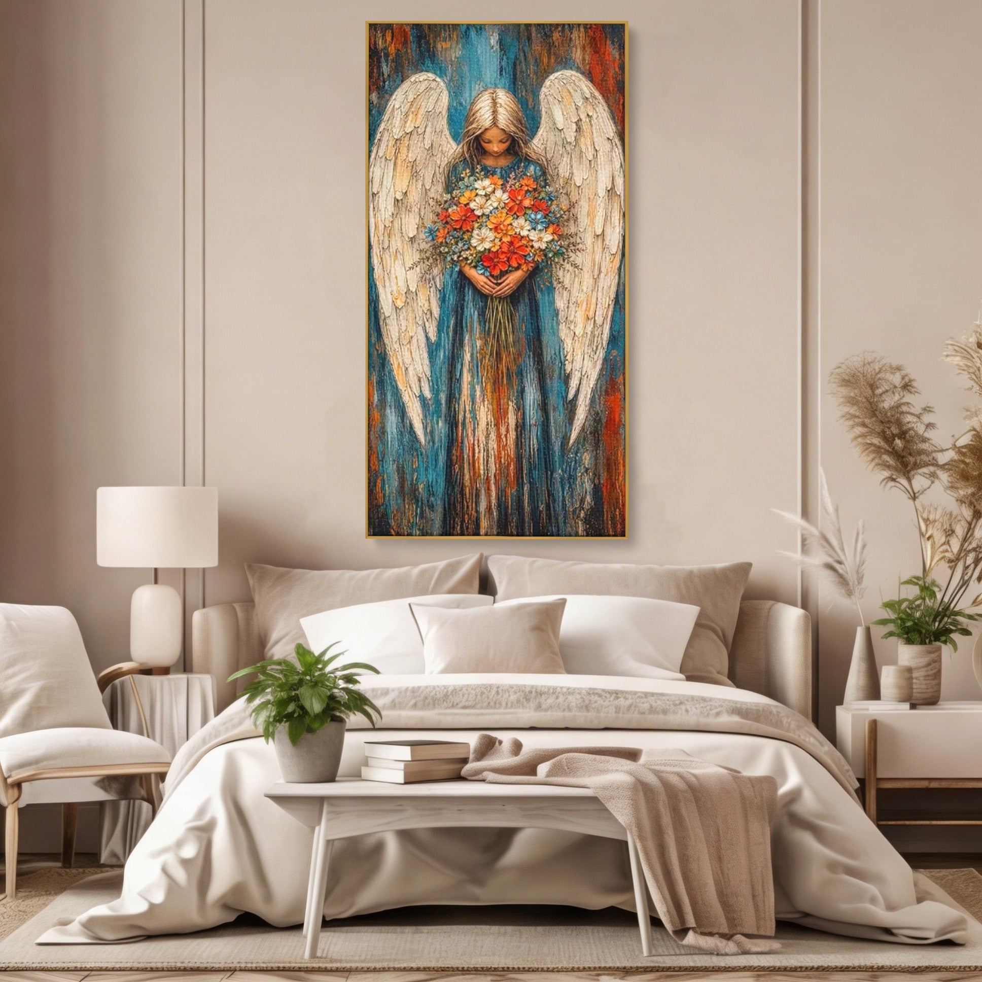 Tablou Canvas Premium LuxCanva® PI1095, Inger Cu Flori, Aripi, Rugaciune, Spiritualitate, Arta, Dormitor, Culori Vibrante