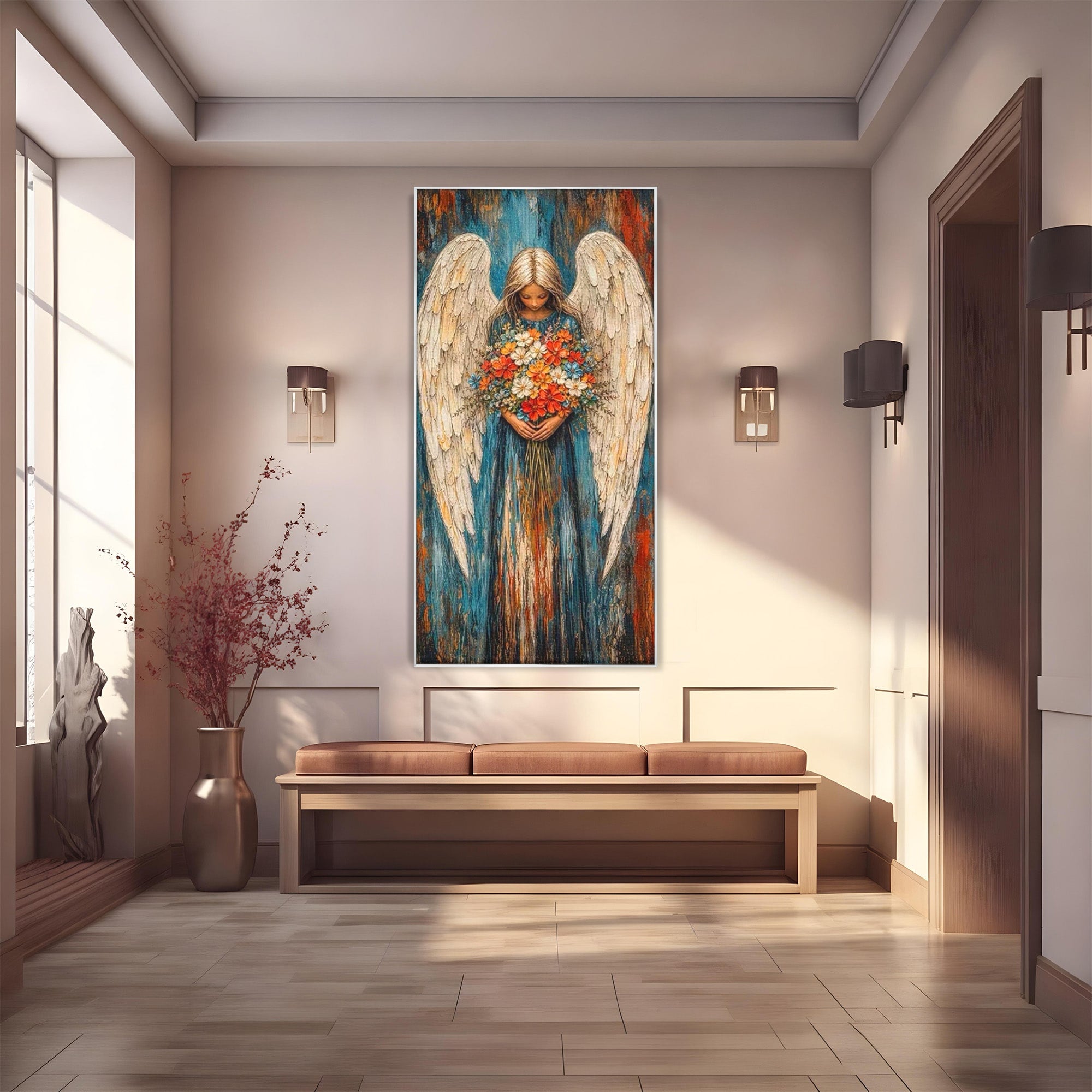 Tablou Canvas Premium LuxCanva® PI1095, Inger Cu Flori, Aripi, Rugaciune, Spiritualitate, Arta, Dormitor, Culori Vibrante