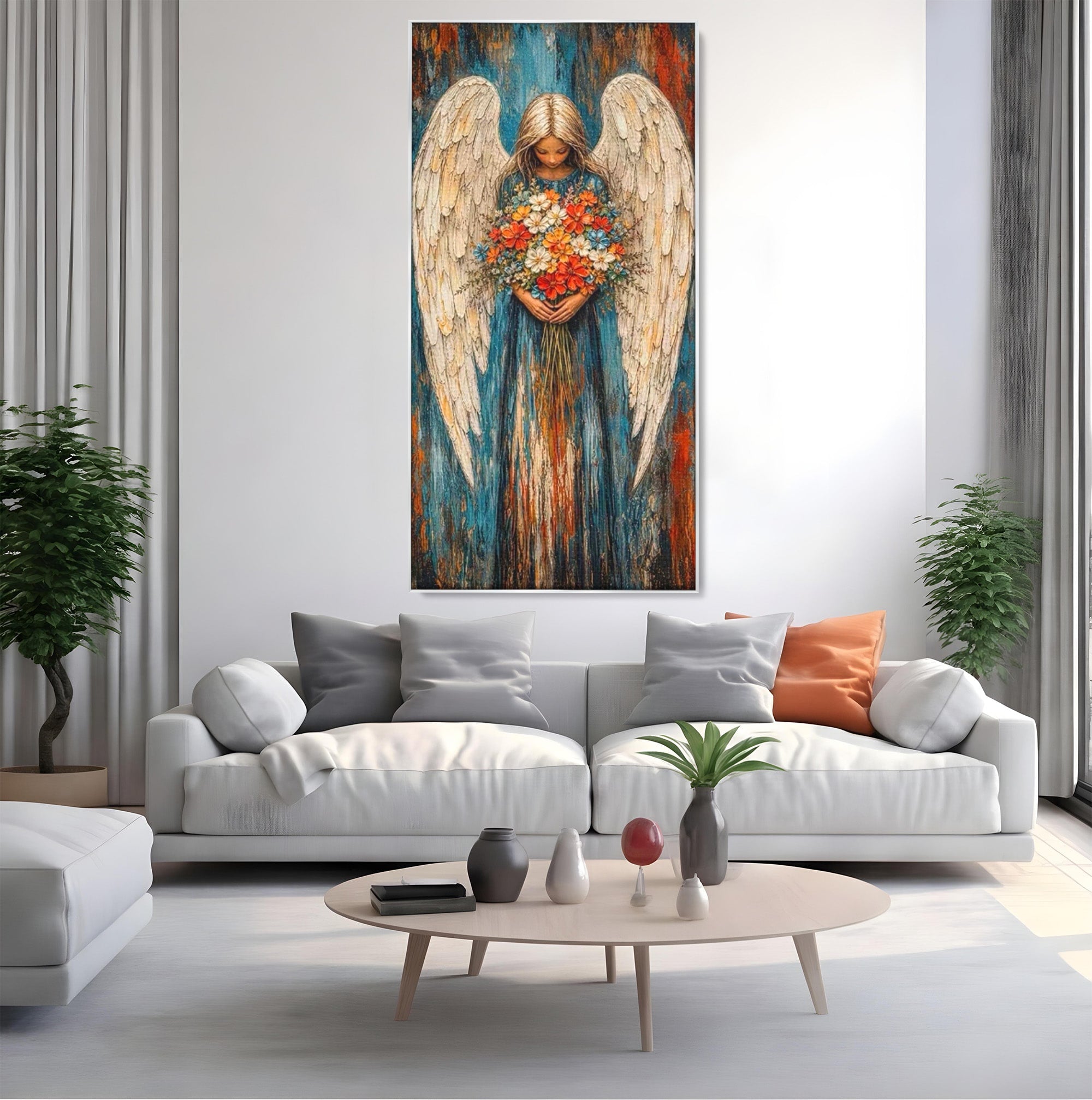 Tablou Canvas Premium LuxCanva® PI1095, Inger Cu Flori, Aripi, Rugaciune, Spiritualitate, Arta, Dormitor, Culori Vibrante